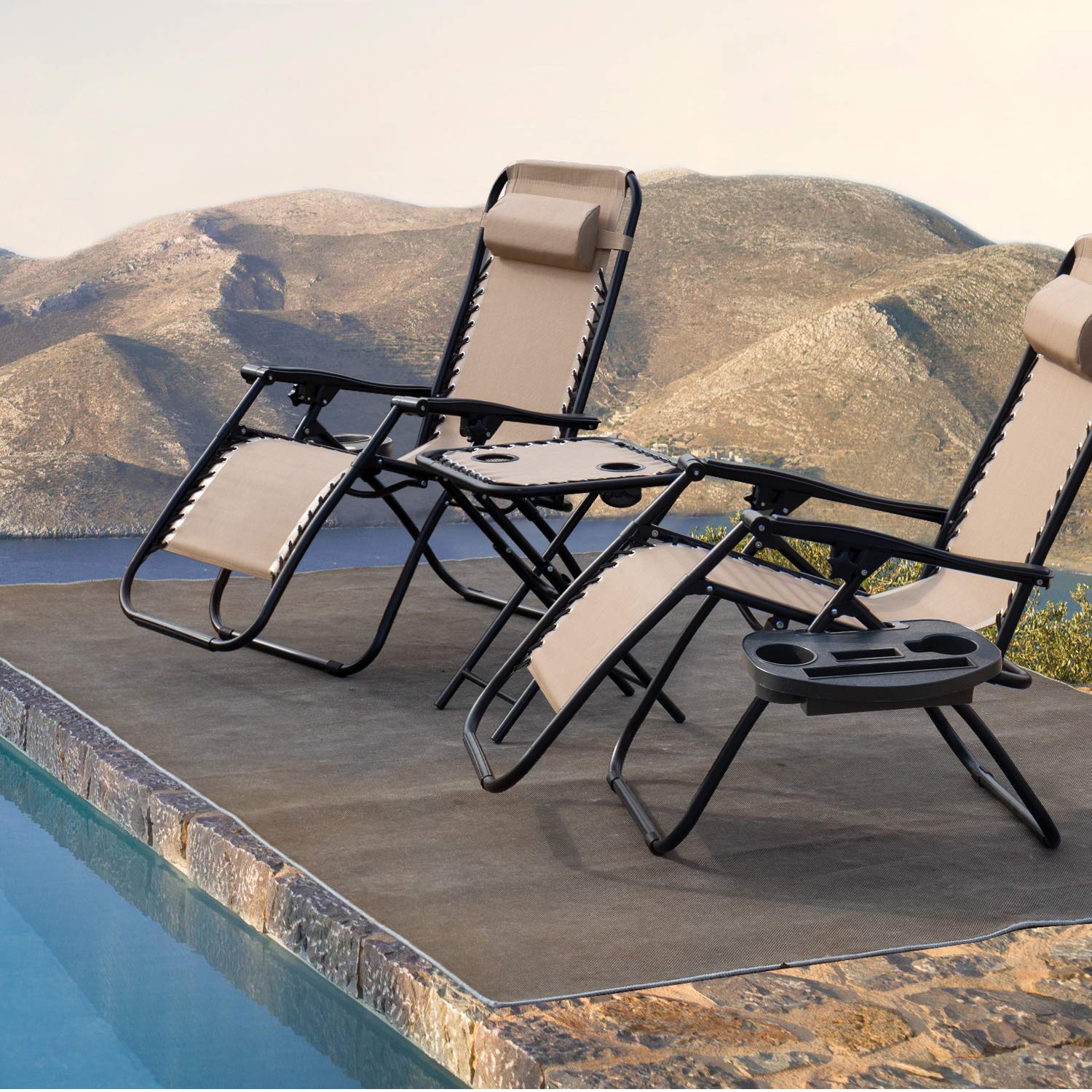 Devoko Zero Gravity Chair - Adjustable Outdoor Recliner with Side Table & Pillow, Light Beige - Perfect for Poolside Lounging, Backyard Relaxation & Patio Furniture Sets