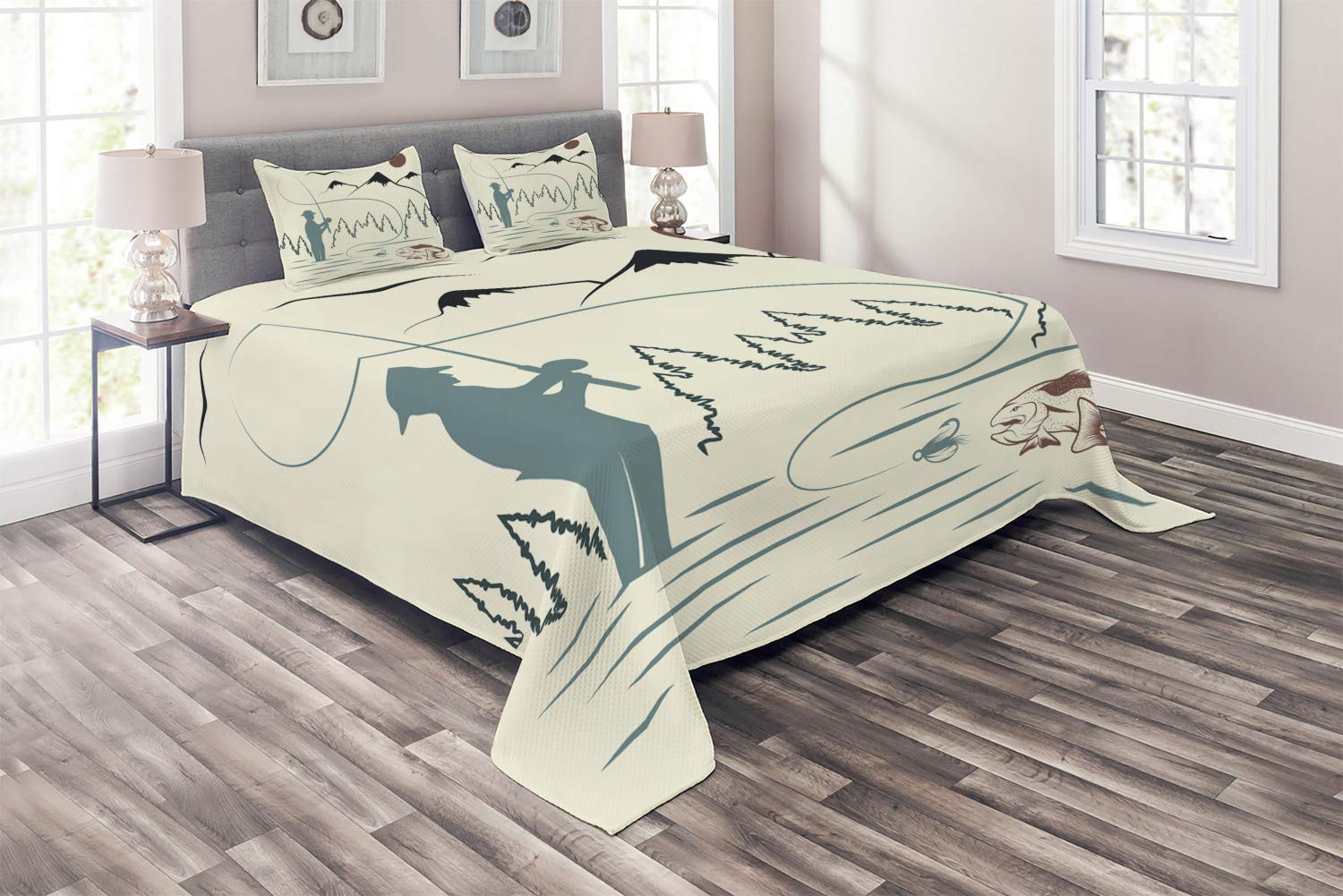 Ambesonne 3-Piece Fishing Theme Quilted Bedspread Set - King Size Ivory & Multicolor Coverlet with 2 Pillow Shams, Mountain River Fishing Scene | Perfect for Angler's Bedroom Decor & Cabin Retreats