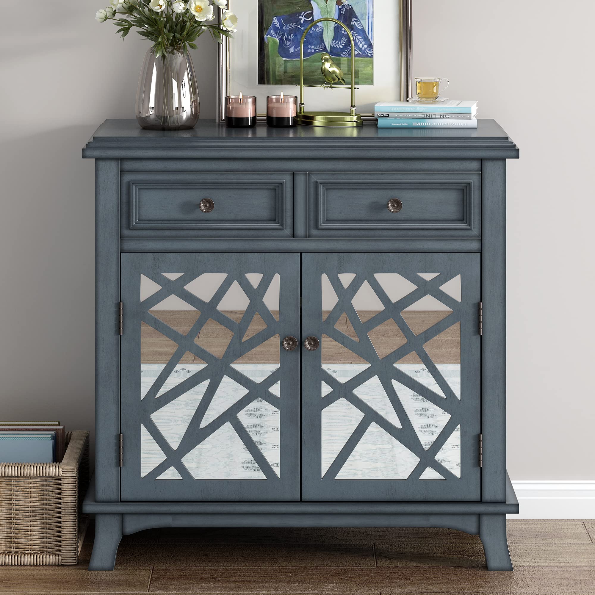 Modern Vintage Wood Sideboard Storage Cabinet with Mirrored Doors - 2 Drawers & Interior Shelf - Free Standing Accent Console for Hallway, Entryway, Kitchen, Bedroom or Living Room - Perfect for Home Decor & Storage Solutions (Blue)