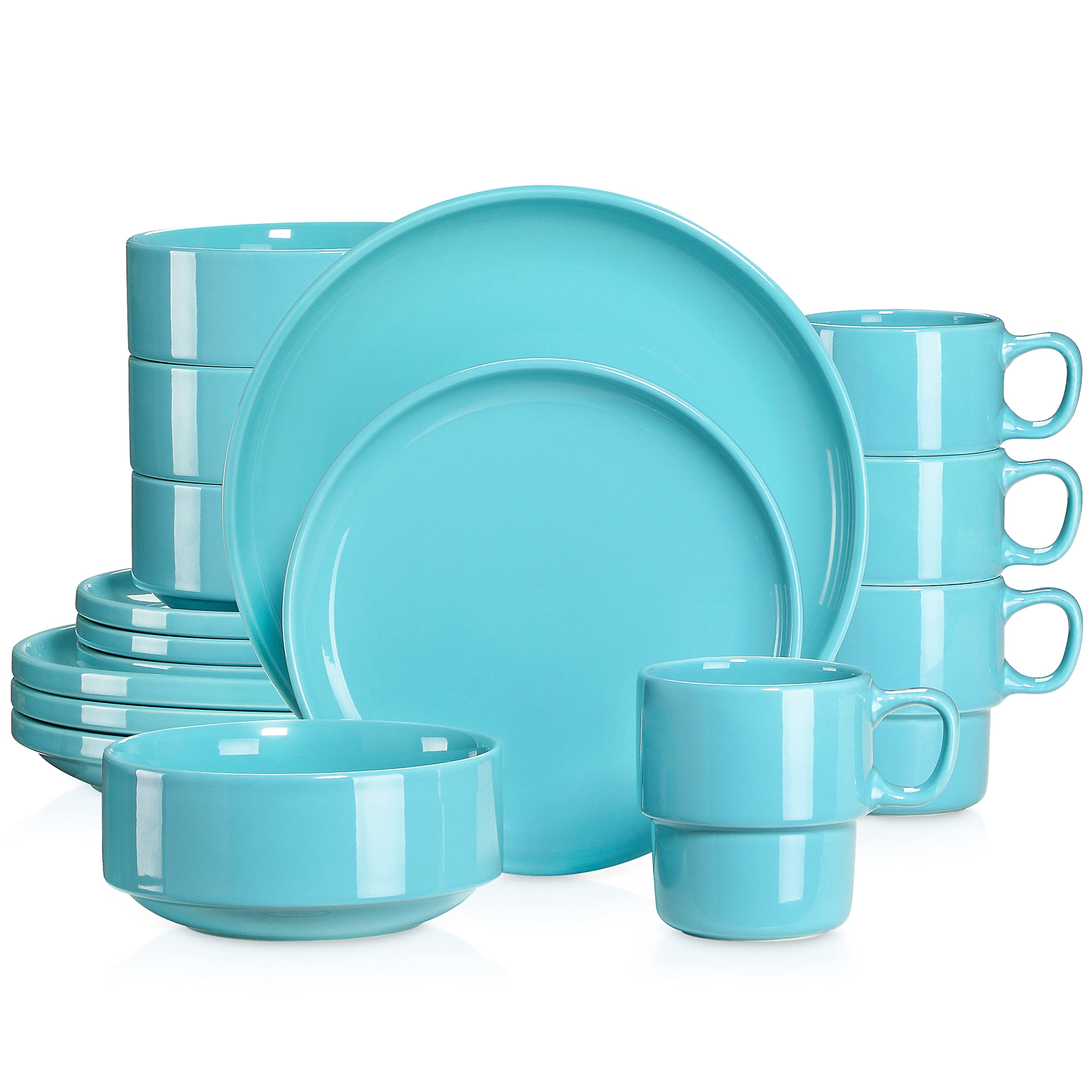 LOVECASA 16-Piece Round Porcelain Dinnerware Set for 4 - Ceramic Dish Set Includes Dinner Plates, Dessert Plates, Bowls & Mugs - Dishwasher & Microwave Safe - Lake Blue - Perfect for Family Dinners, Parties & Everyday Use