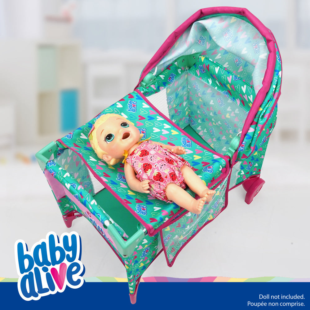 Baby Alive Deluxe Doll Play Yard with Canopy - Green & Pink Hearts Design for Toddlers | Indoor & Outdoor Pretend Play, Backyard Fun, Birthday Gift for Girls