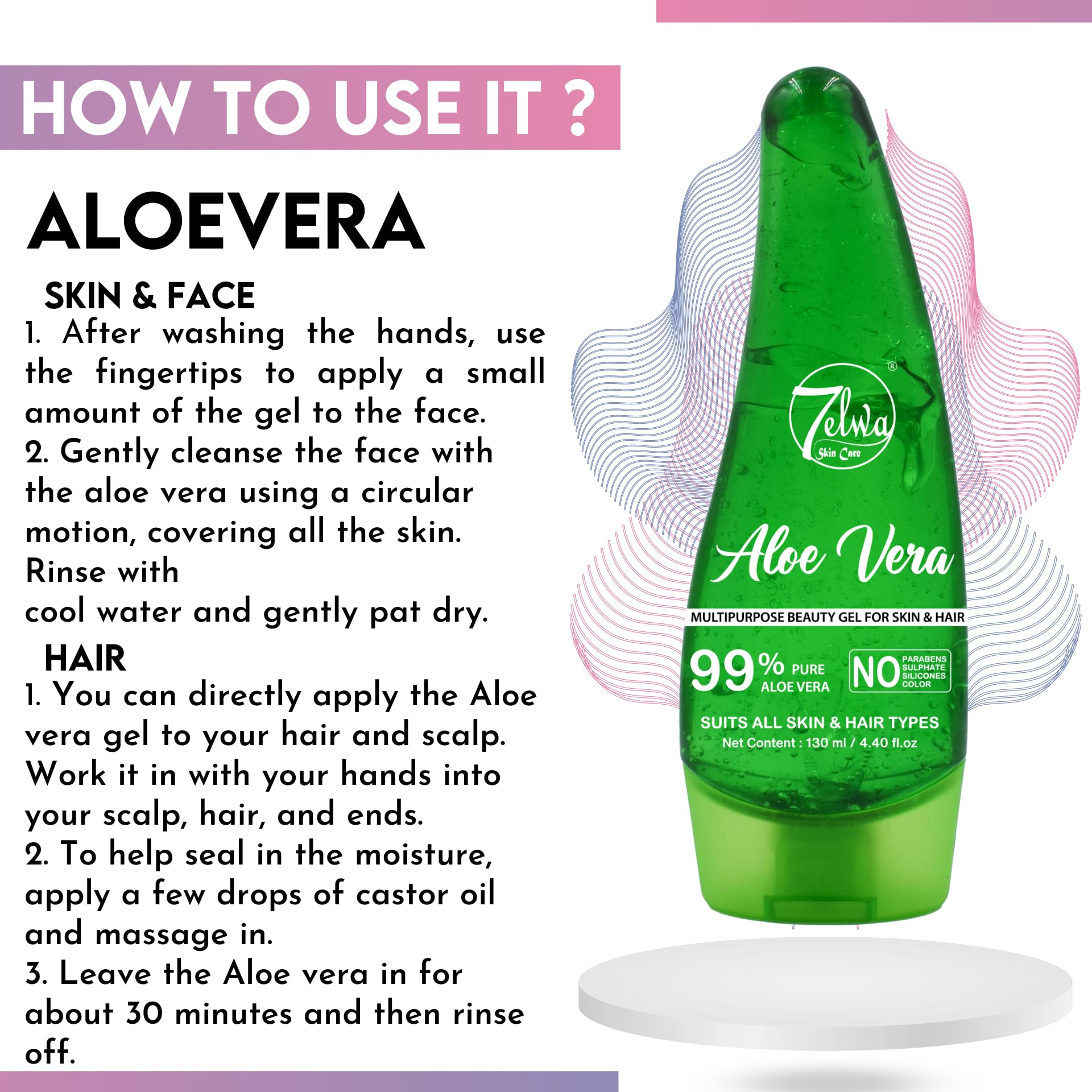 7elwa Aloe Vera Gel - 99.99% Pure Organic Aloe Vera Gel for Skin & Hair Care, 120ml | Hydrating Moisturizer for Sunburn Relief, Acne Treatment & Hair Growth | Perfect for Daily Skincare Routine & After Sun Care
