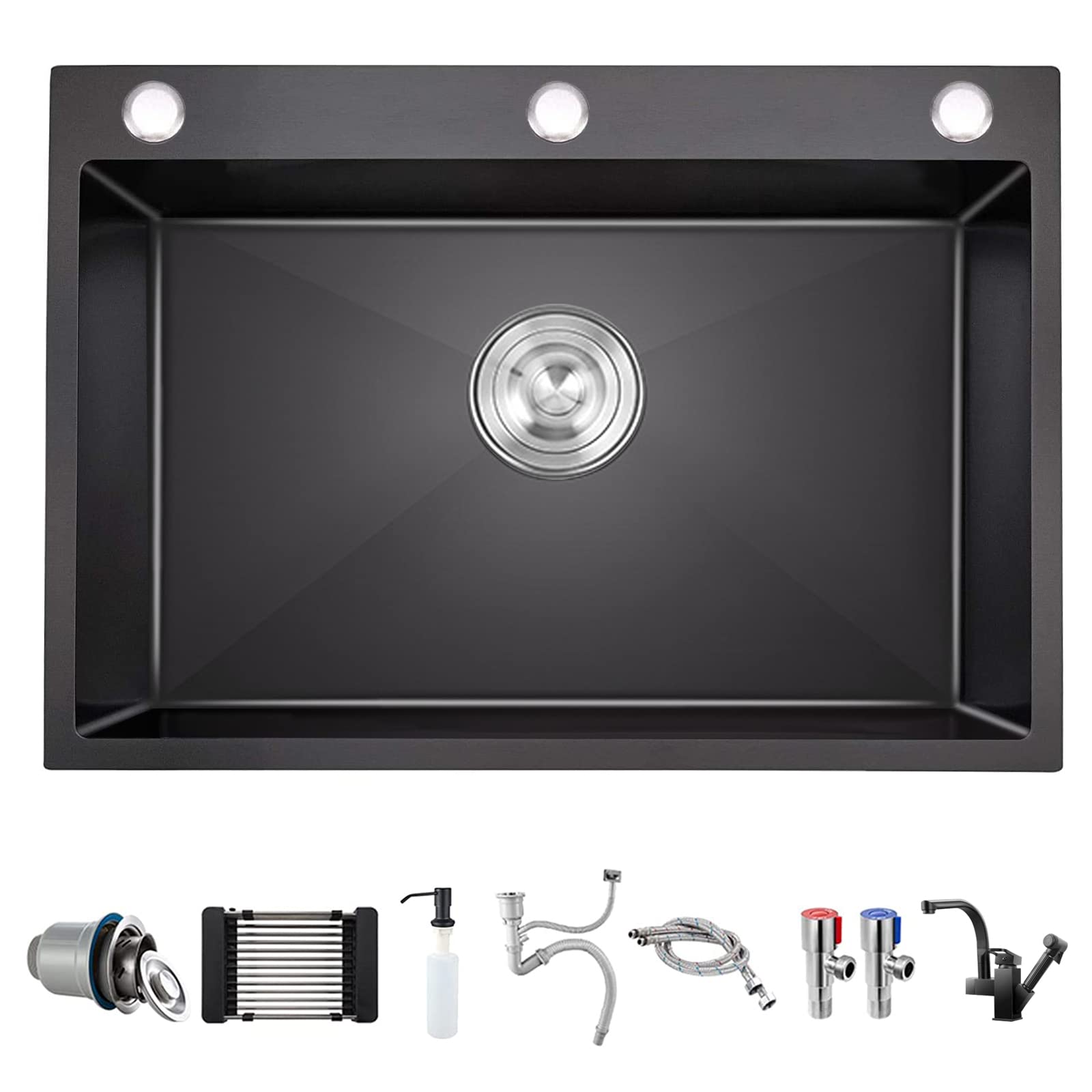 Undermount Single Bowl Kitchen Sink with Faucet - 304 Stainless Steel Large Capacity Sink, Black Nano Coating, Thick & Durable for Home Use - Perfect for Cooking, Washing Dishes & Food Prep