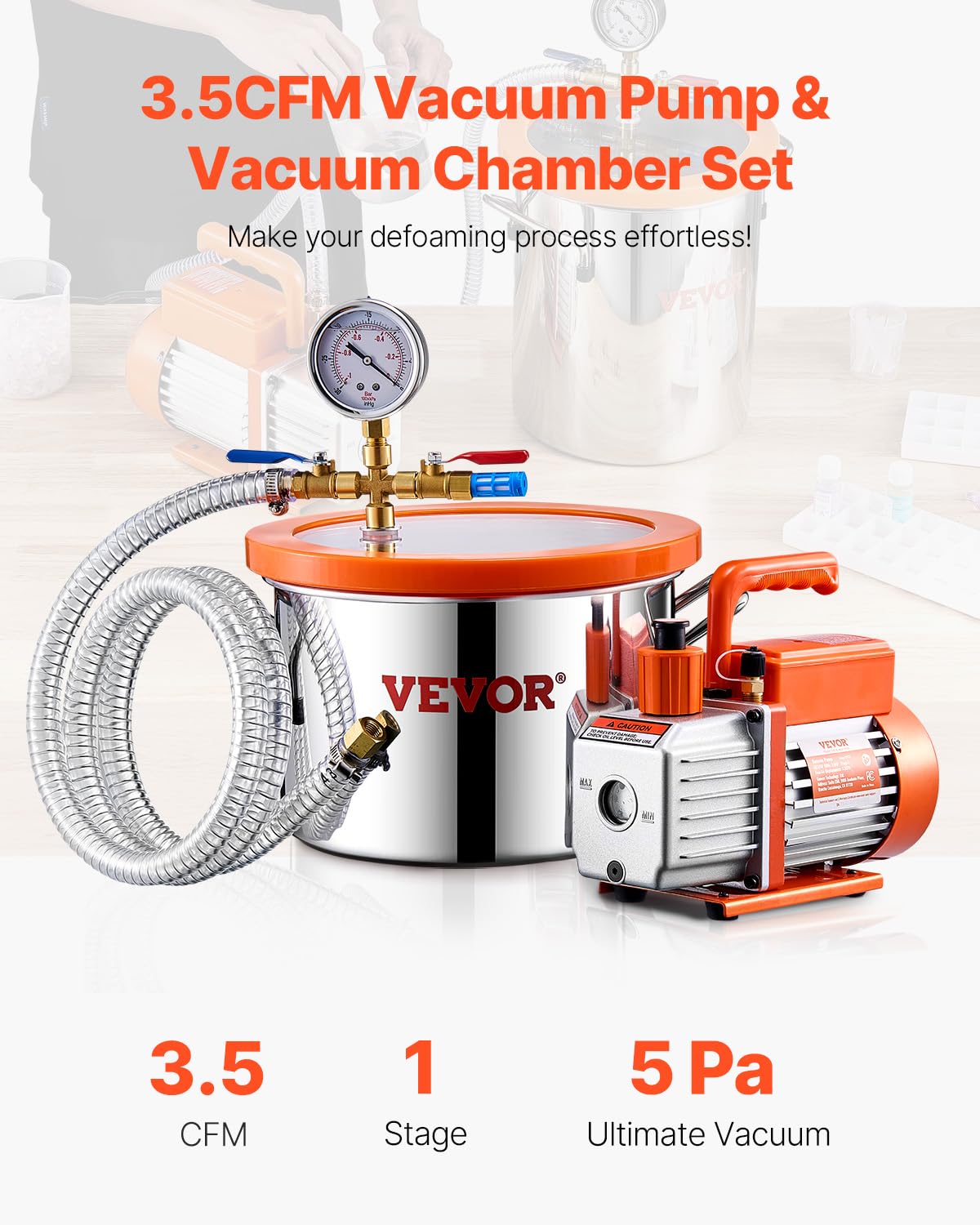 VEVOR 1.5 Gallon Vacuum Chamber & 3.5 CFM Pump Kit - Stainless Steel Degassing Chamber with Acrylic Lid, Oil & 4.92ft Hose - Perfect for Resin, Silicone & Epoxy Degassing - Ideal for Jewelry Making, Mold Casting & DIY Craft Projects