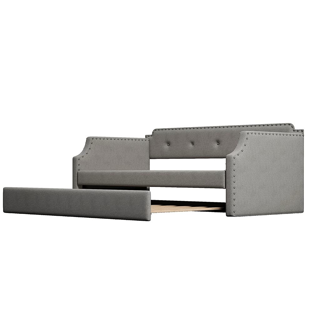 Twin Size Trundle Daybed with Upholstered Tufted Design - Wood Slat Support Sofa Bed Frame, No Box Spring Needed (Gray) - Perfect for Guest Rooms, Small Apartments & Multi-Functional Living Spaces