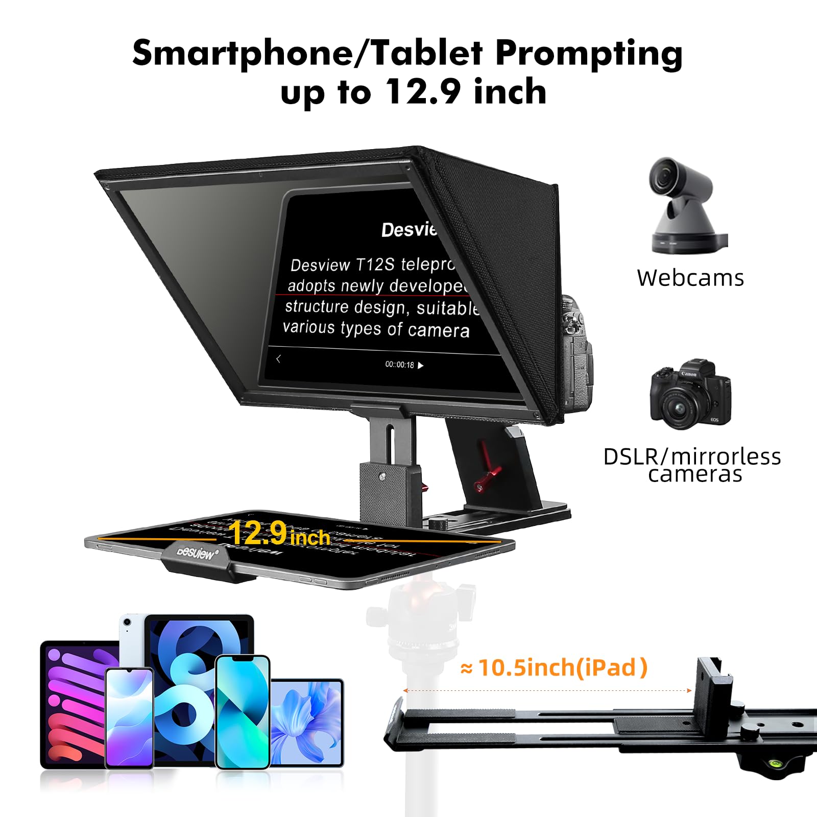 Desview T12S 12.9 Inch Metal Teleprompter with High-Resolution Display Glass - Compatible with Smartphone, Tablet, iPad & Camera - Easy Assembly & Includes Carry Case - Perfect for YouTube Videos, Live Streaming, Video Conferencing & Professional Presentations