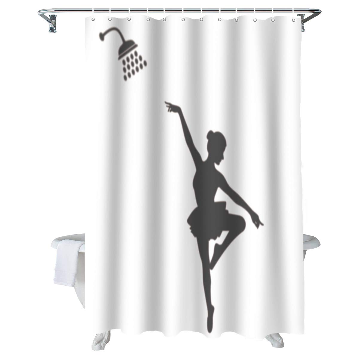 Elegant Ballet Dancer Waterproof Fabric Shower Curtain Set with 12 Hooks - 72x72 Inch Gray Bathroom Decor - Machine Washable Bath Curtain Accessories for Spa-Like Shower Experience & Home Decor Upgrade