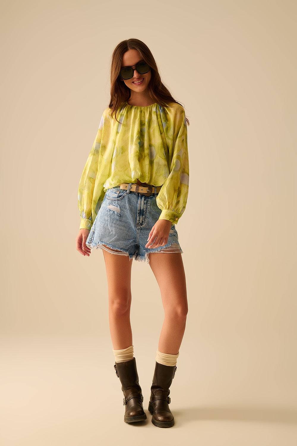 Floral Print Chiffon Blouse with Puff Sleeves - Elegant Green Women's Top for Casual Wear & Office Outfits