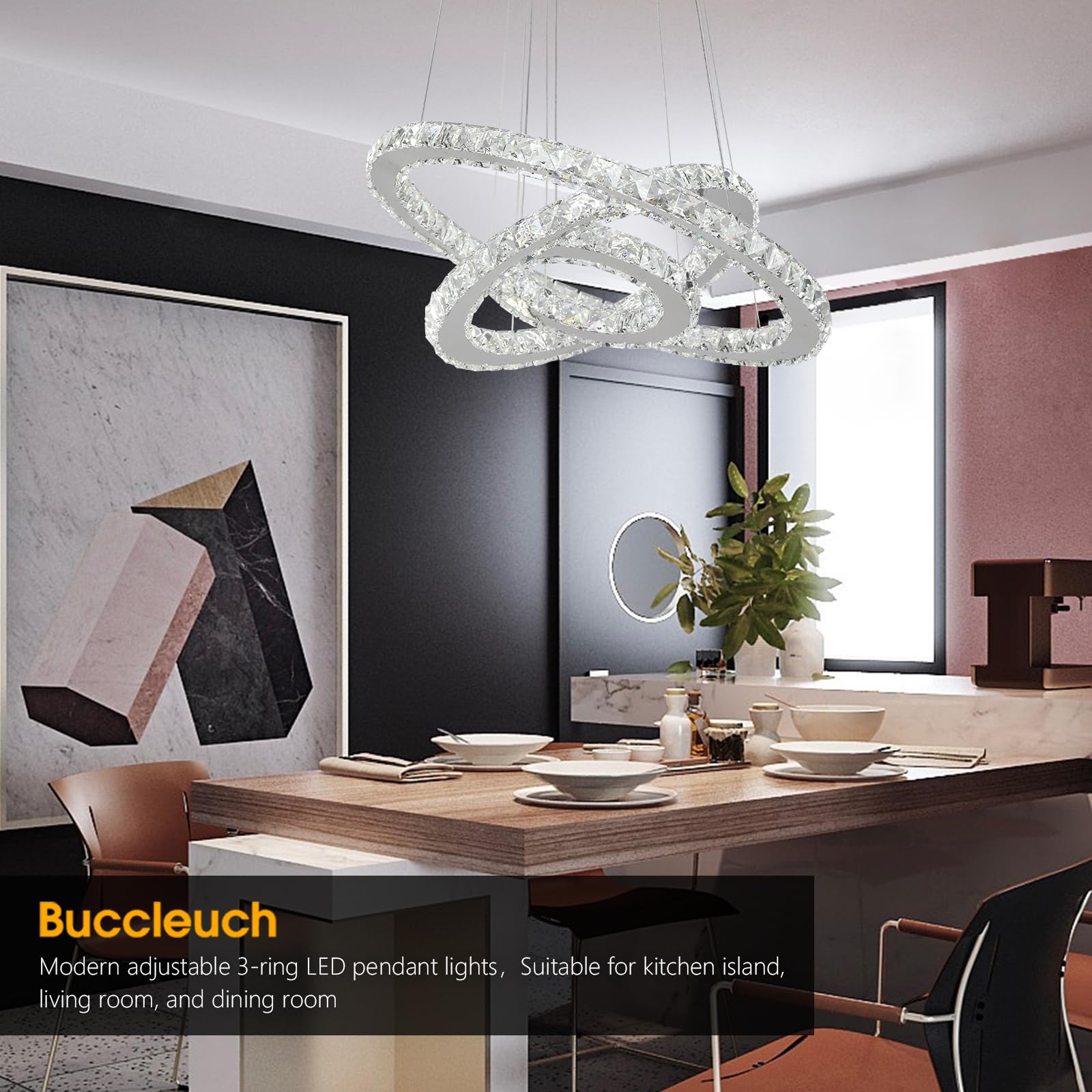Buccleuch 3-Ring Adjustable Dimmable LED Crystal Chandelier - Stainless Steel Ceiling Light Fixture with Silver Crystals for Dining Room, Bedroom, Living Room - Perfect for Elegant Home Decor & Romantic Ambiance Lighting - ETL Certified