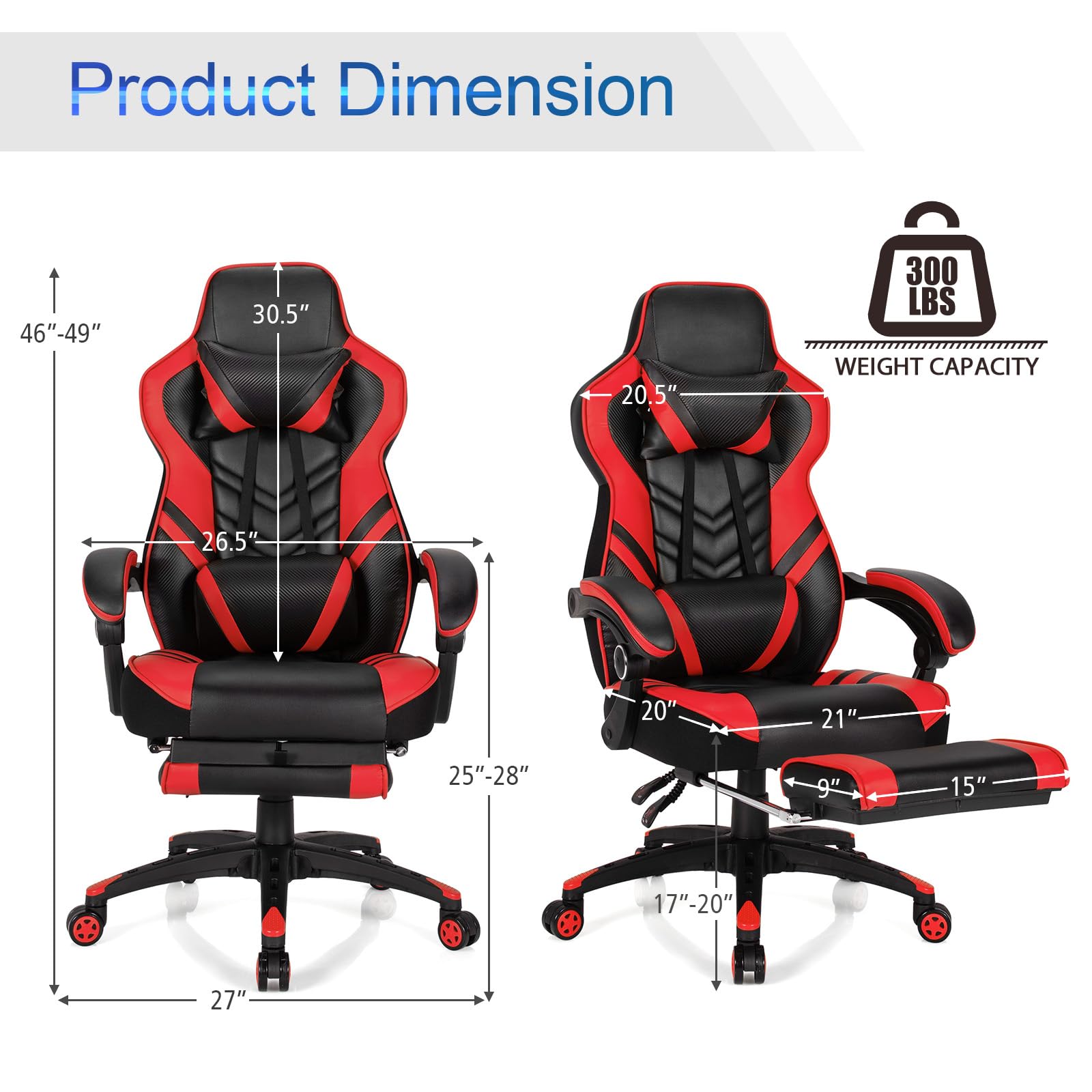 Powerstone Ergonomic Gaming Chair with Footrest & Lumbar Support - Adjustable Racing Style PU Leather Computer Chair for Office & Home Gaming Setup - Perfect for Esports, Streaming & Long Work Sessions (Red)