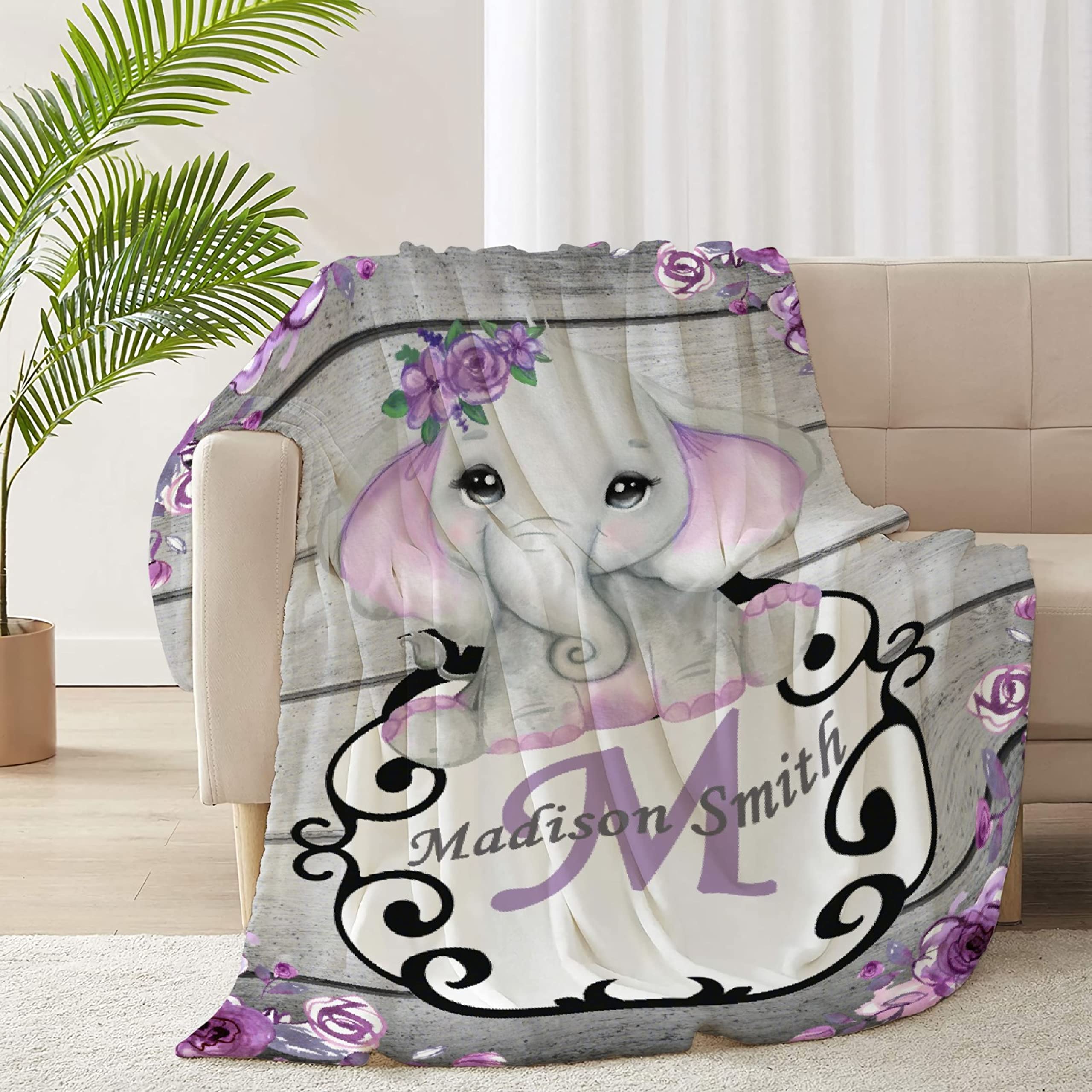 Personalized Custom Baby Blanket with Name - Purple Floral Elephant Fleece Blanket for Girls & Boys | 120x90 Inch Large Baby Shower Gift for Daughter, Granddaughter, Niece | Perfect for Nursery, Stroller, and Family Photo Props