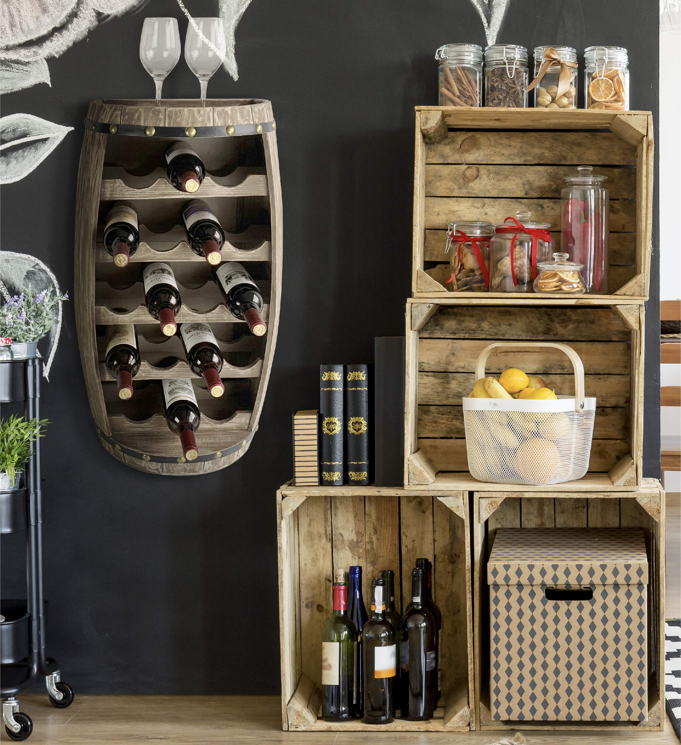CoTa Global Modern Alexander Wall Mounted or Freestanding Barrel Wine Rack - 18 Bottle Capacity, Hanging or Floor Standing Wine Storage Shelf Organizer for Home Bar, Kitchen & Dining Room Decor