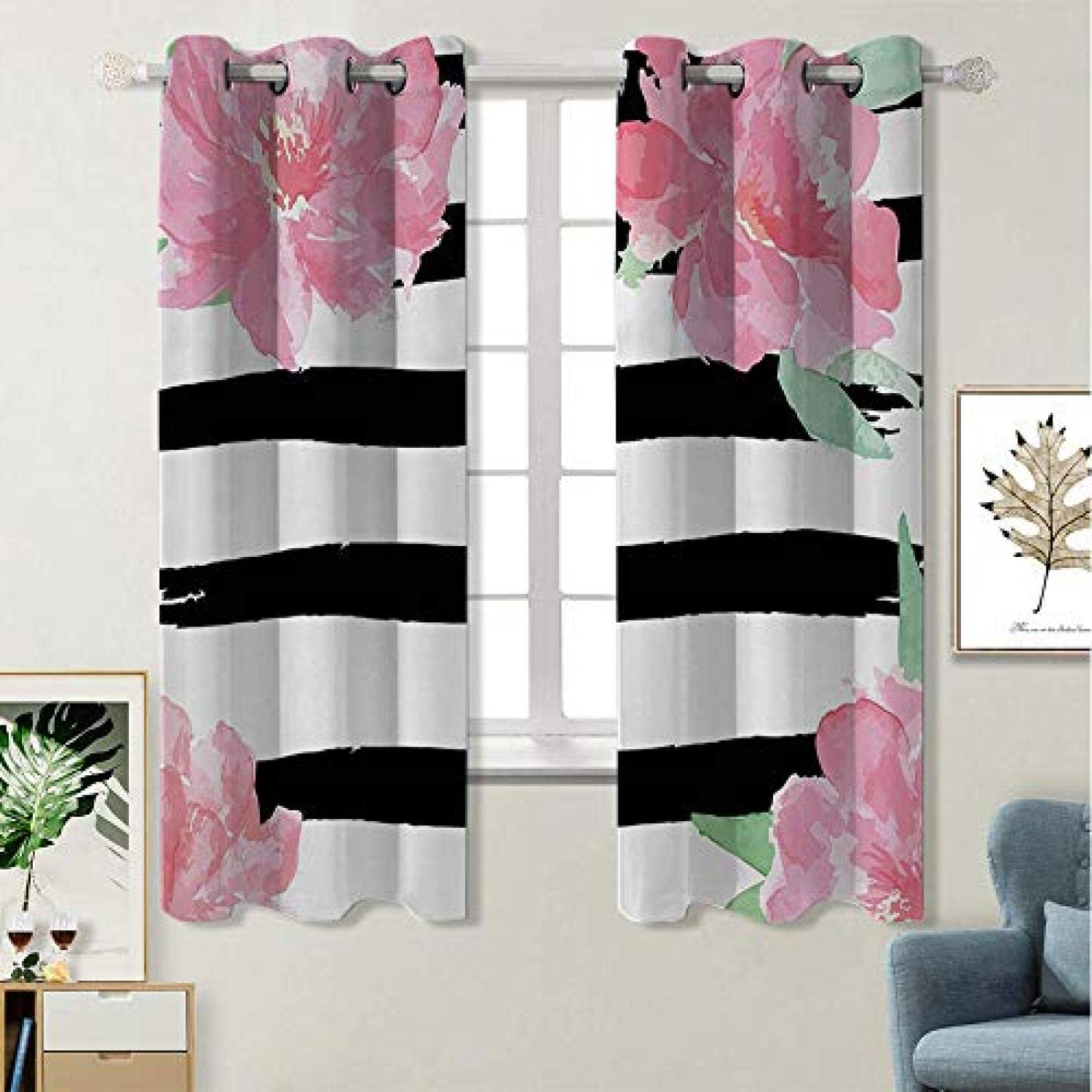 Pink Peony Watercolor Black Strokes Print Blackout Curtains - Thermal Insulated Eyelet Window Treatments for Bedroom, Living Room & Sliding Glass Doors - 2 Panels 63