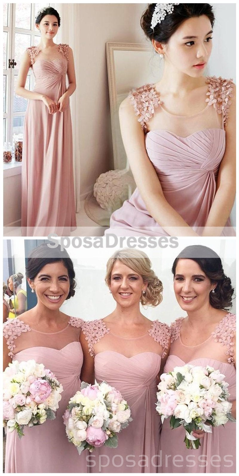 Custom Made Pink Chiffon Long Bridesmaid Dresses - Elegant Scoop Neckline (WG224) | Perfect for Weddings, Formal Events & Special Occasions