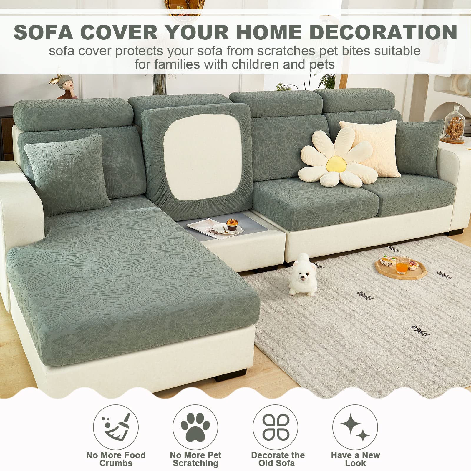 Stretchable Universal L-Shaped Sofa Slipcover - Wear-Resistant Magic Couch Cushion Cover for 3-Seater | MIFXIN Furniture Protector in Leaves Green | Perfect for Living Room, Sectional Sofa & Chaise Lounge Protection