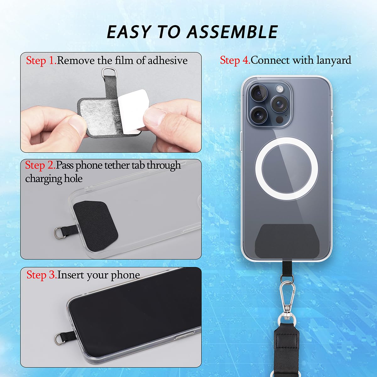 COOKOOKY Universal Phone Lanyard & Tether Tab Patches - Durable Strap Compatible with Most Phone Cases for Secure Hands-Free Use at Work, Travel, and Outdoor Adventures