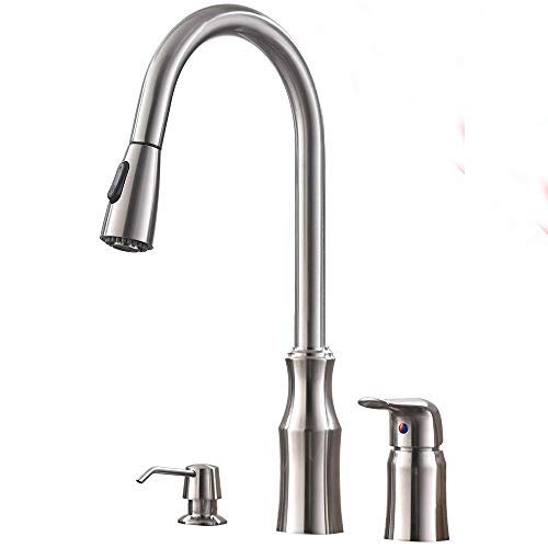 Hotis Brushed Nickel Single Handle Pull Down Kitchen Faucet with Sprayer and Soap Dispenser - 3 Hole or 2 Hole Installation - Stainless Steel Sink Faucet for Modern Kitchens - Perfect for Cooking, Washing Dishes, and Food Prep