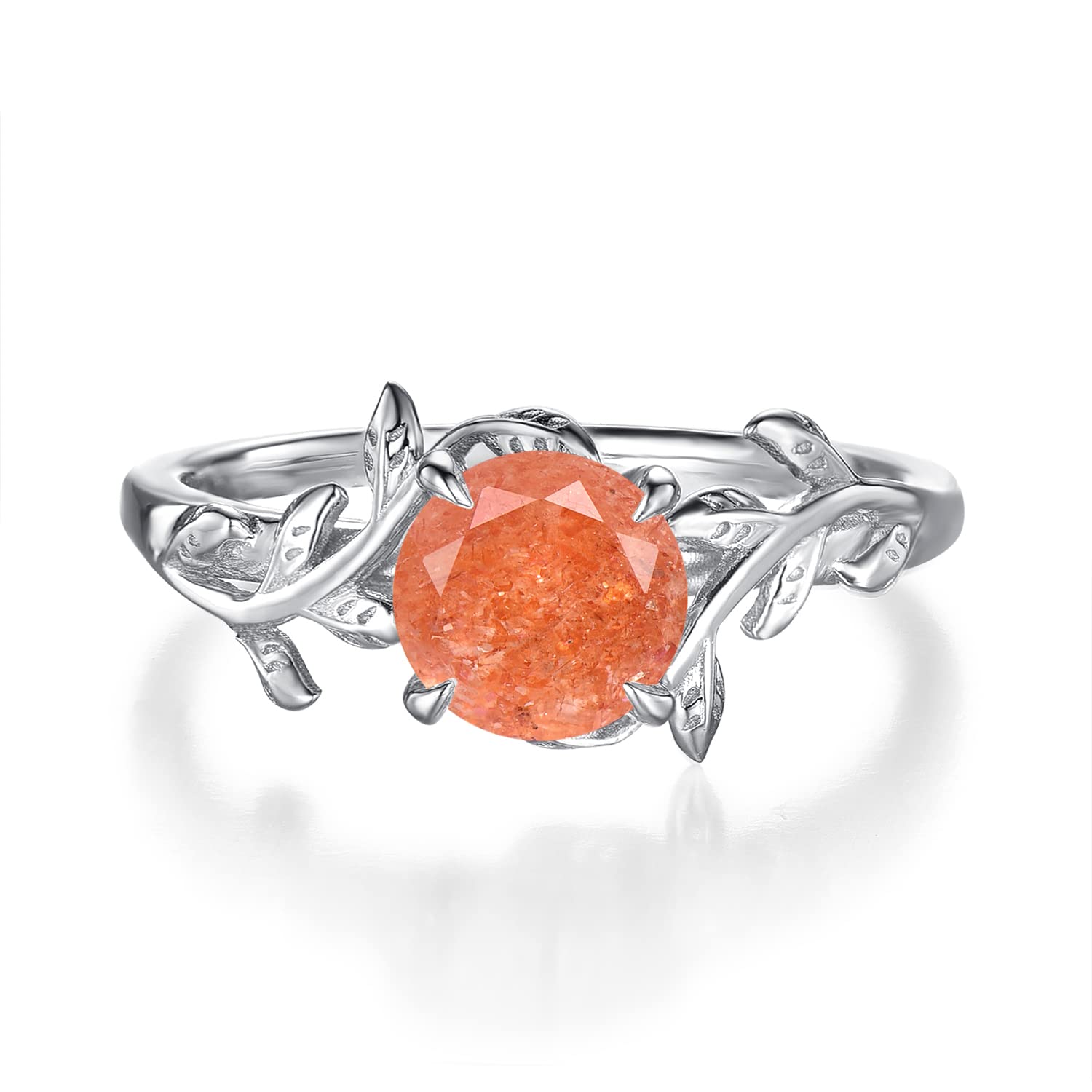 Sterling Silver Round Cut Sunstone Ring with Rose Gold Leaf - Orange Gemstone Engagement Ring for Women, Unique Handmade Birthday Jewelry Gift for Her, Size 4-10 with Gift Box | Perfect for Weddings, Anniversaries & Special Occasions