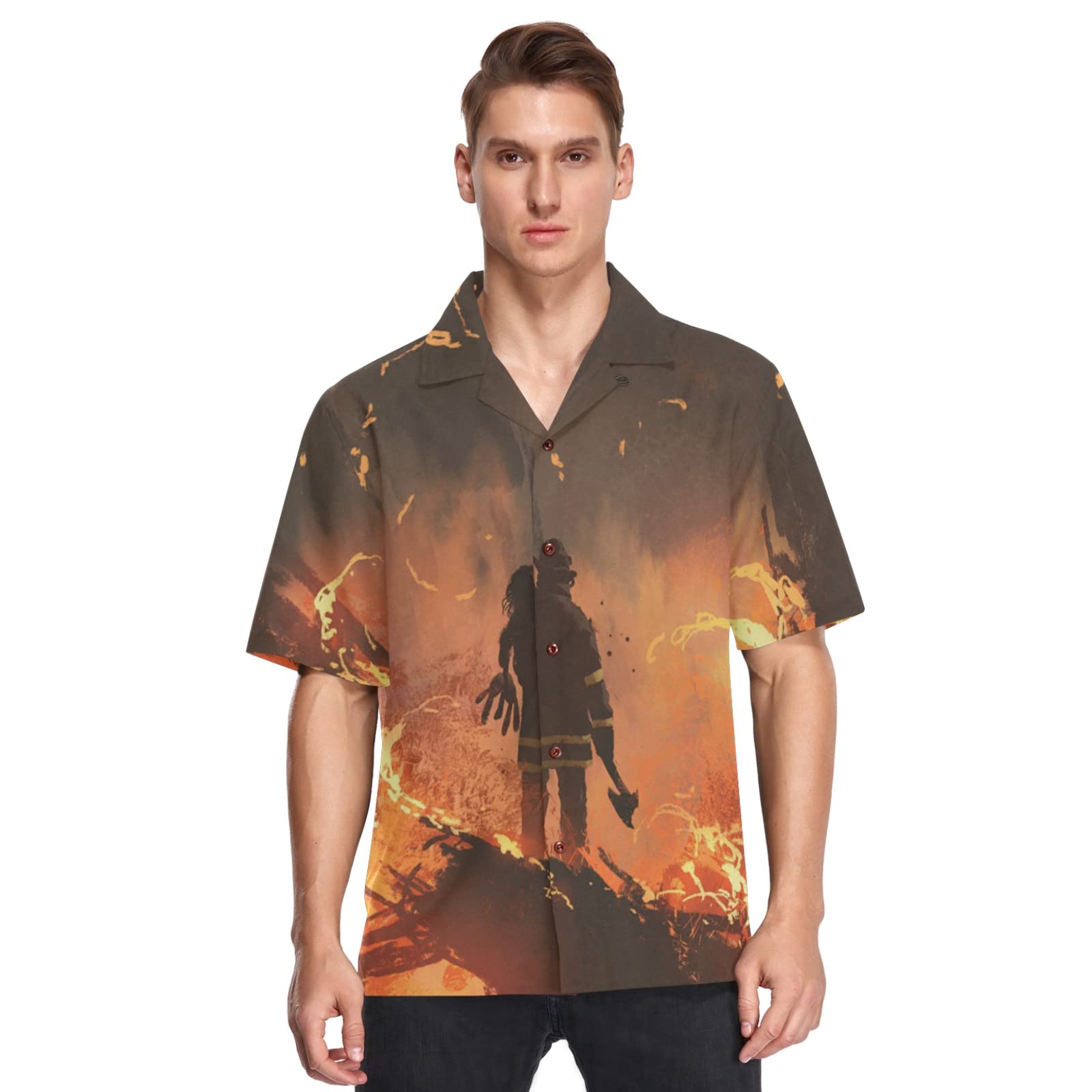 Vintage Firefighter Hawaiian Shirt for Men - Short Sleeve Flame Print Casual Summer Shirt, Beach Party & BBQ Outdoor Wear