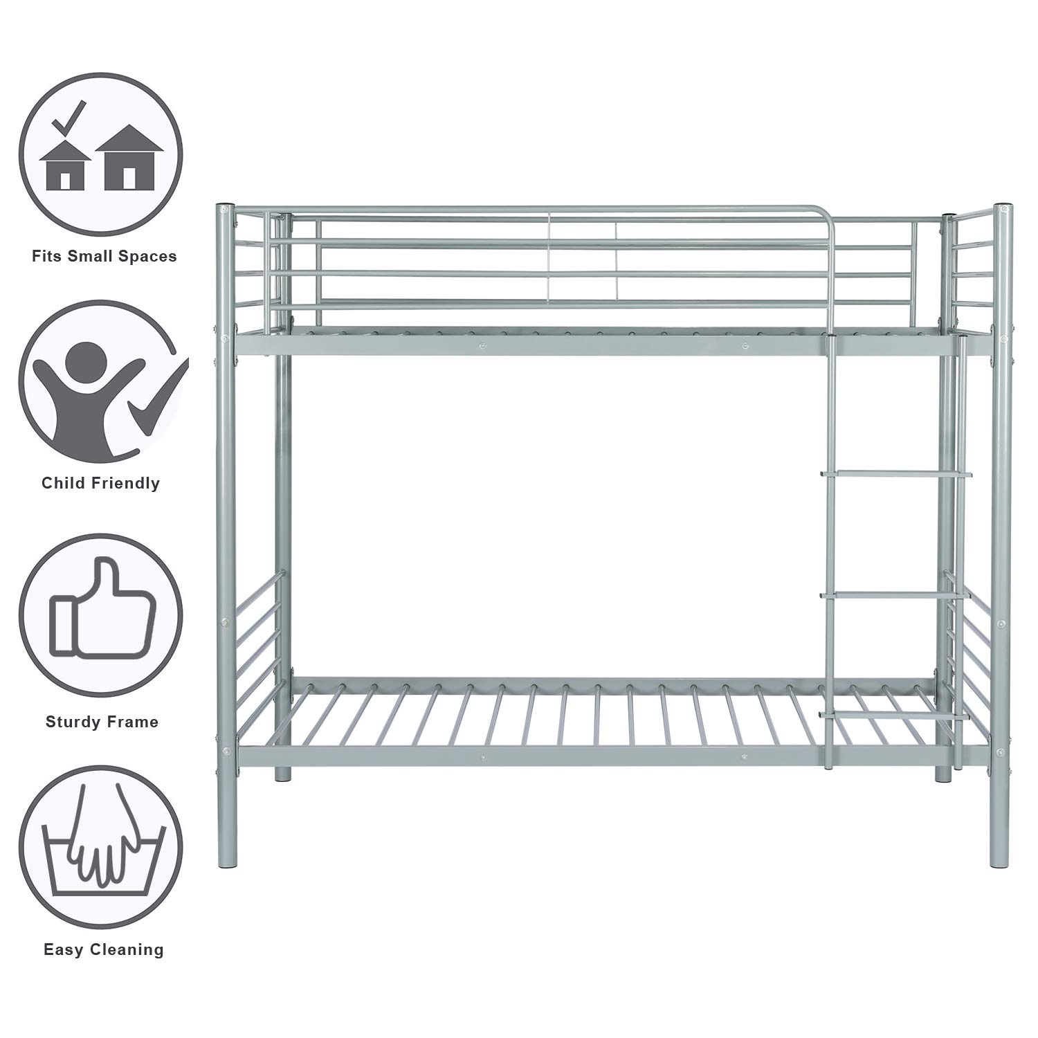 Bonnlo Twin Over Twin Metal Bunk Bed with High Guard Rail & Non-Slip Steps - Heavy Duty Gray Bunk Beds for Kids, Teens & Adults - Perfect for Dorms, Small Bedrooms & Space-Saving Kids' Rooms