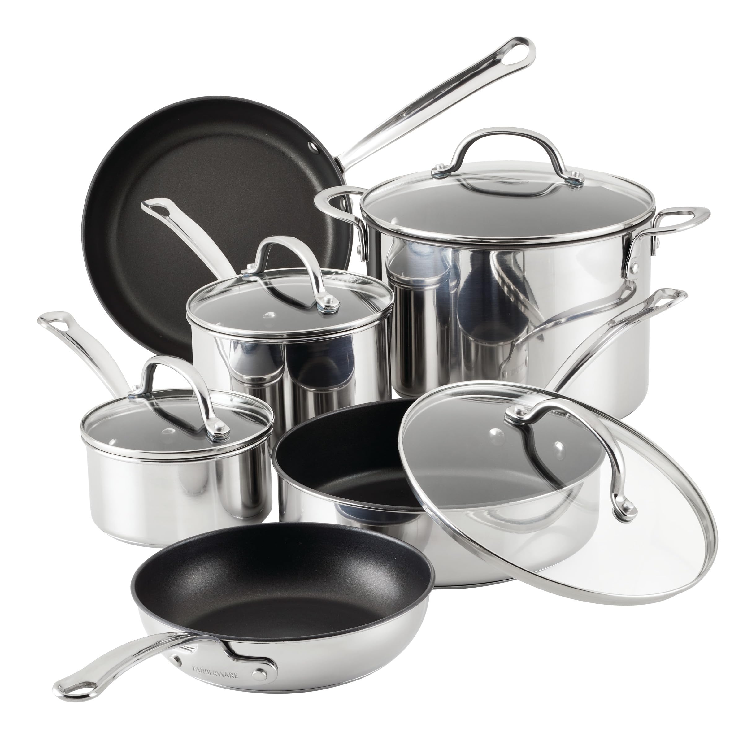 Farberware Millennium 10-Piece Stainless Steel Nonstick Cookware Set - Pots & Pans for Cooking, Frying & Sauteing - Dishwasher Safe Kitchen Essentials for Home Chefs