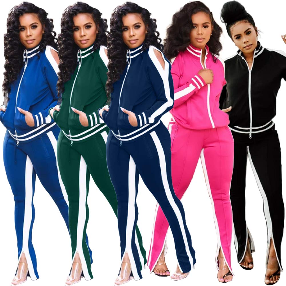 Choichic Women's Jogging Suit Set - Zippered Hoodie Sweatshirt & Wide Leg Slit Pants Tracksuit for Running, Yoga & Lounge Wear