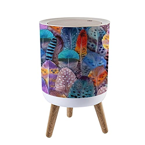 Small Trash Can with Lid - Watercolor Feathers Abstract Design, 1.8 Gallon Round Waste Bin with Press Cover, Dog Proof Garbage Bin for Kitchen, Bathroom & Living Room - Perfect for Home, Office and Dorm Use