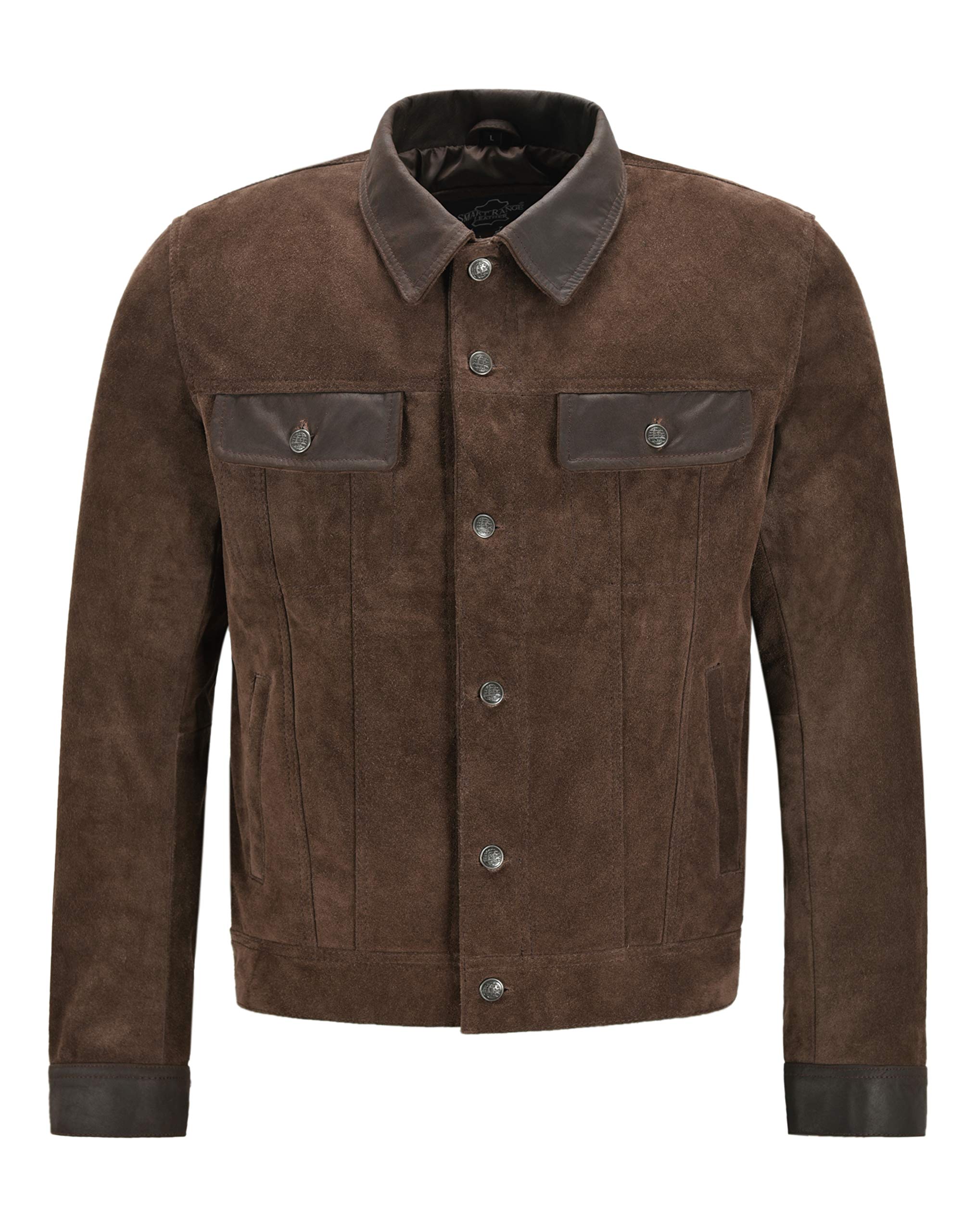Men's Brown Suede Trucker Jacket with Skipper Collar - Vintage Western Style Leather Shirt Jacket for Casual Wear, Motorcycle Riding & Outdoor Adventures (Model 1280)