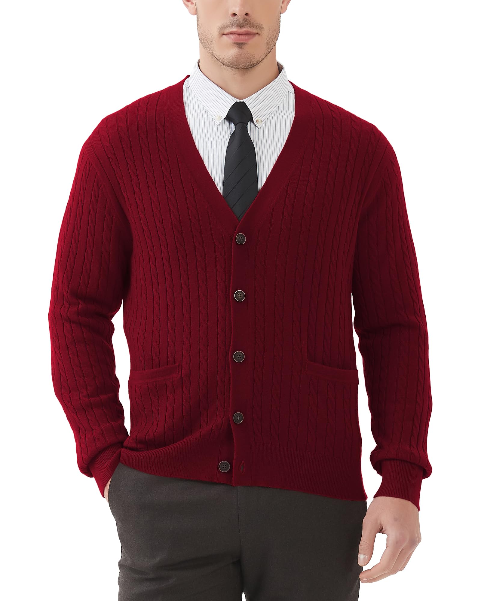 Kallspin Men's Wool Blend Cable Knit V-Neck Cardigan Sweater with Buttons & Pockets | Warm Winter Pullover for Office, Casual Outfits & Date Nights