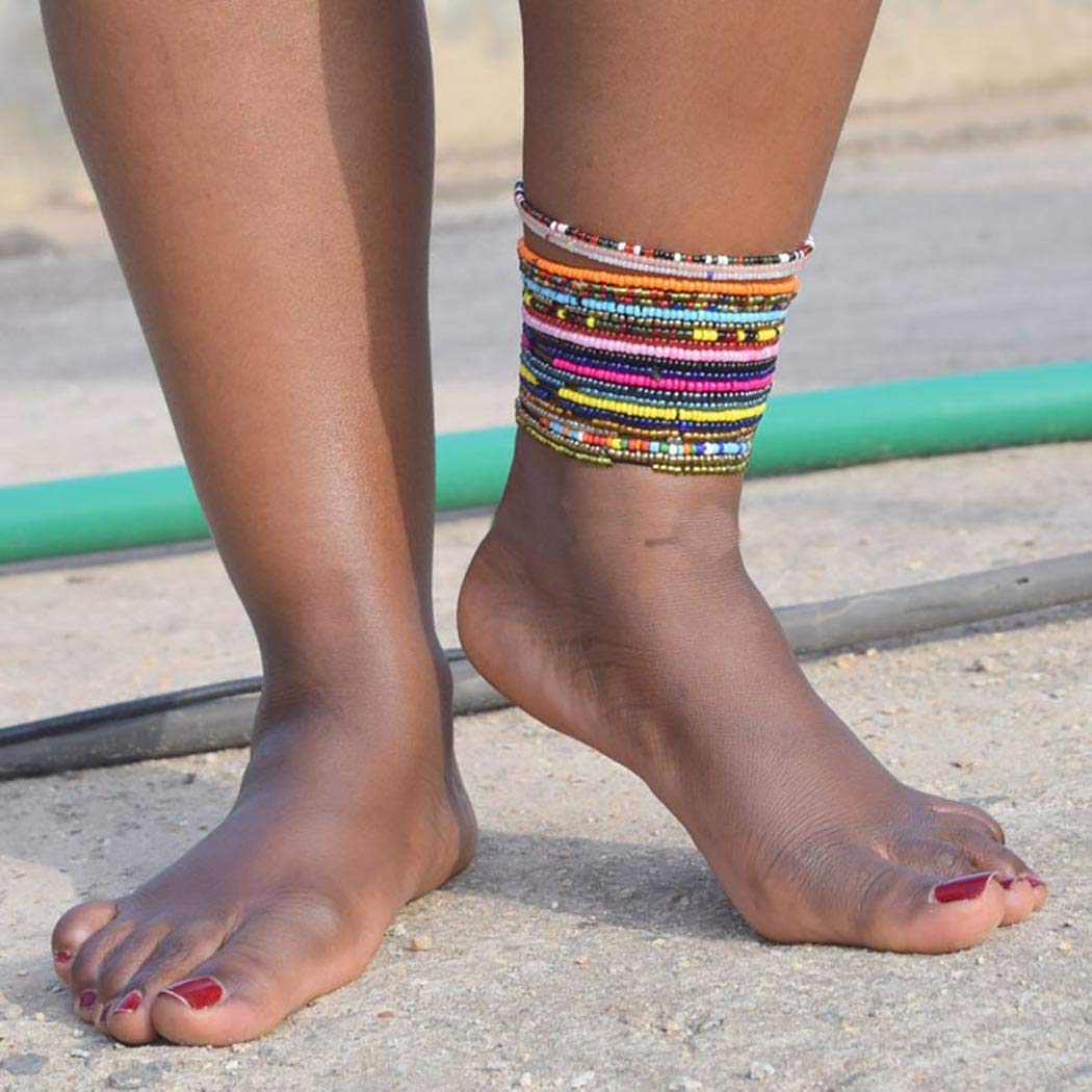 ELABEST African Beads Anklet - 18pcs Boho Beaded Ankle Bracelet, Elastic Bead Foot Chain Jewelry for Women (Multicolor) - Perfect for Summer Festivals, Beach Parties & Boho Fashion Accessories