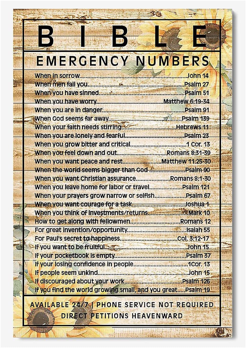 Bible Emergency Numbers Metal Sign - Vintage Christian Wall Art Decor for Bedroom, Office & Home - Antique Tin Poster Plaque 12x18 Inches - Perfect for Prayer Rooms, Church Gifts & Spiritual Inspiration