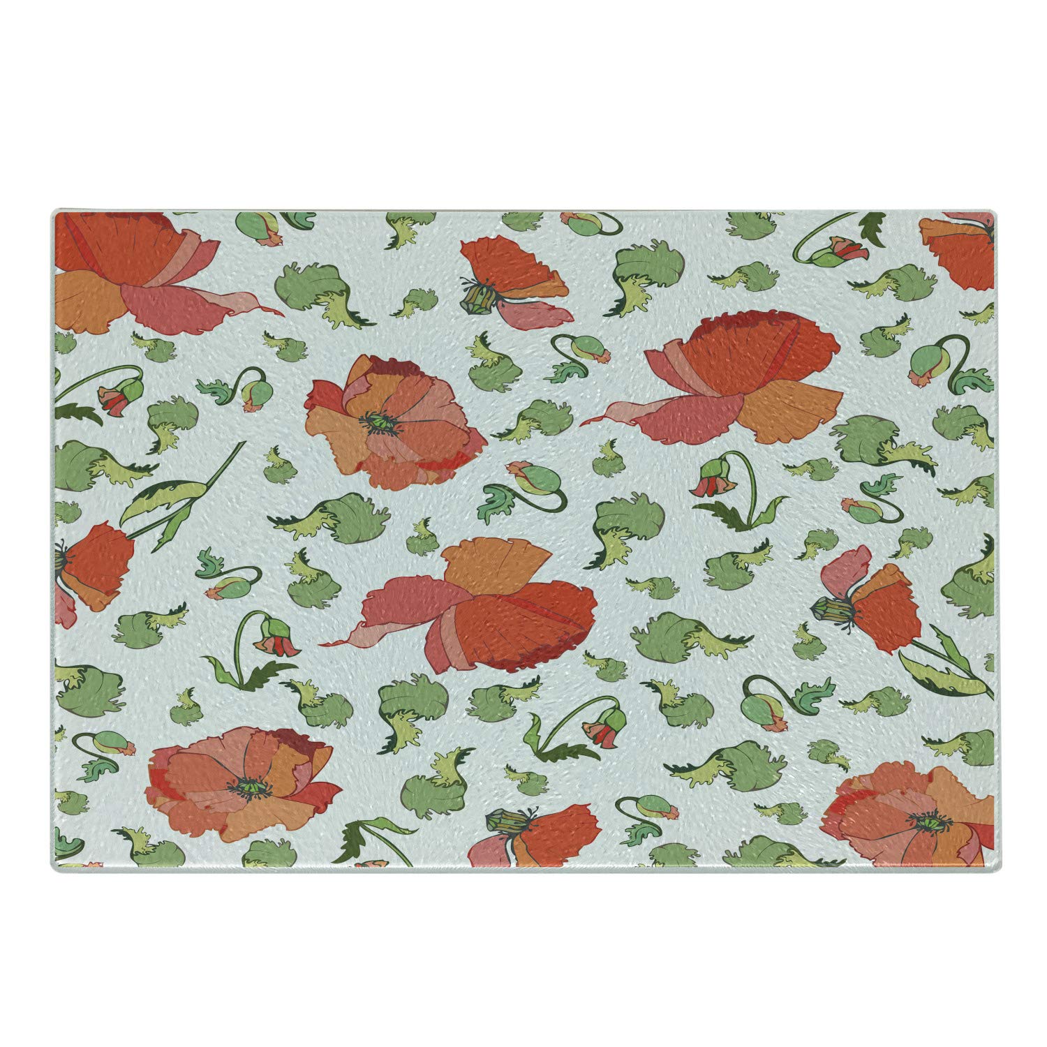 Ambesonne Poppy Flower Tempered Glass Cutting Board - Decorative Serving Tray with Blooming Poppies & Green Leaves on White - Small Size (Vermilion Coral) - Perfect for Cheese, Charcuterie & Party Appetizers