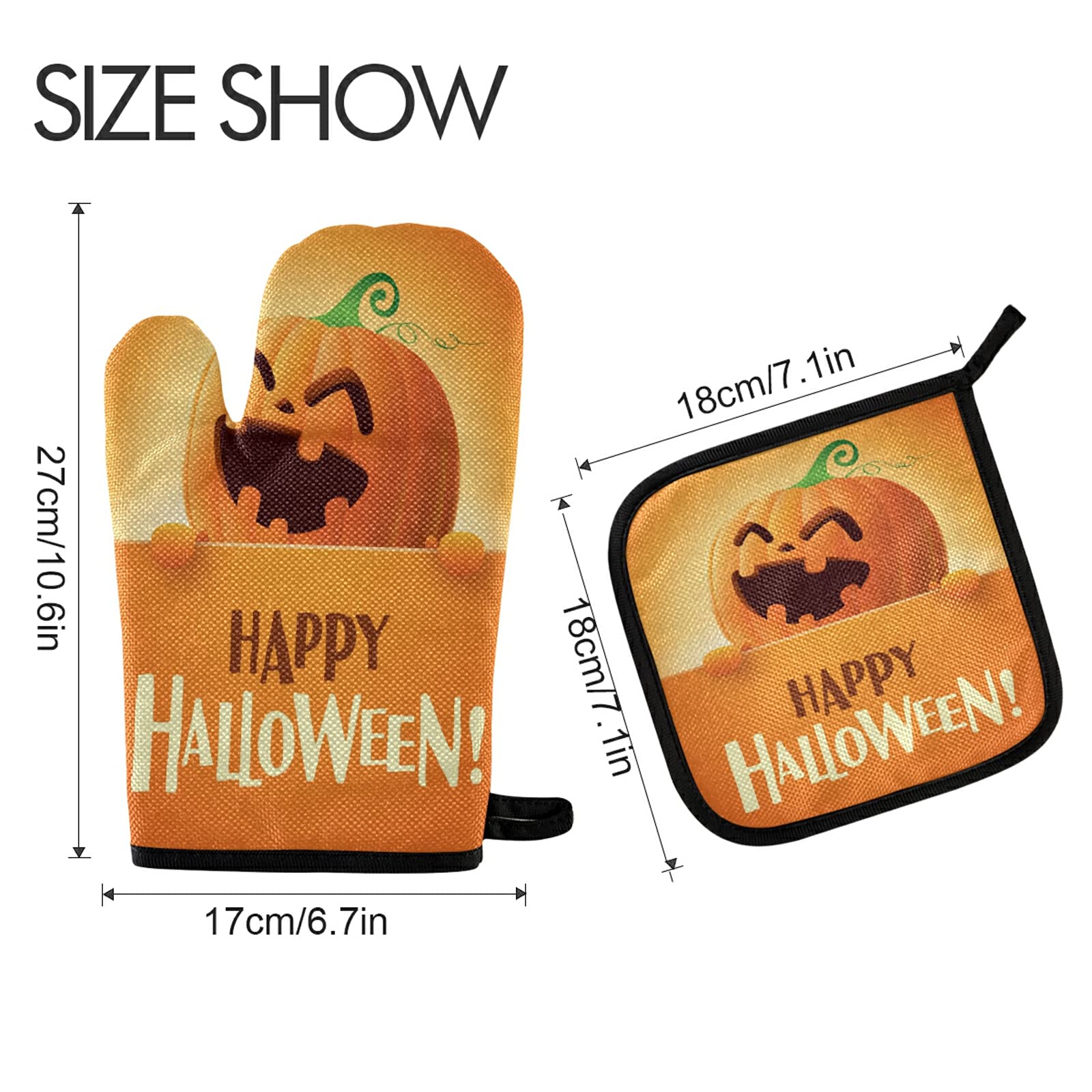 Halloween Oven Mitts & Pot Holders Set - 2-Piece Non-Slip Heat Resistant Kitchen Gloves with Pumpkin Design for Baking, Cooking, BBQ - Perfect Fall Decor & Thanksgiving Kitchen Accessories
