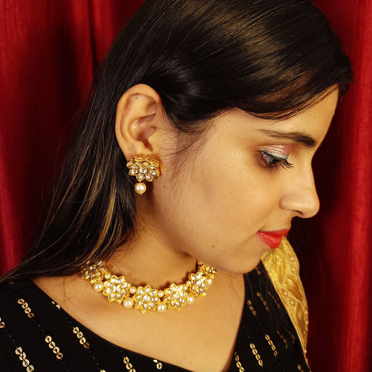 Luxury Gold Plated Royal Kundan Necklace and Earrings Set (D379) - Perfect for Weddings, Parties, and Special Occasions