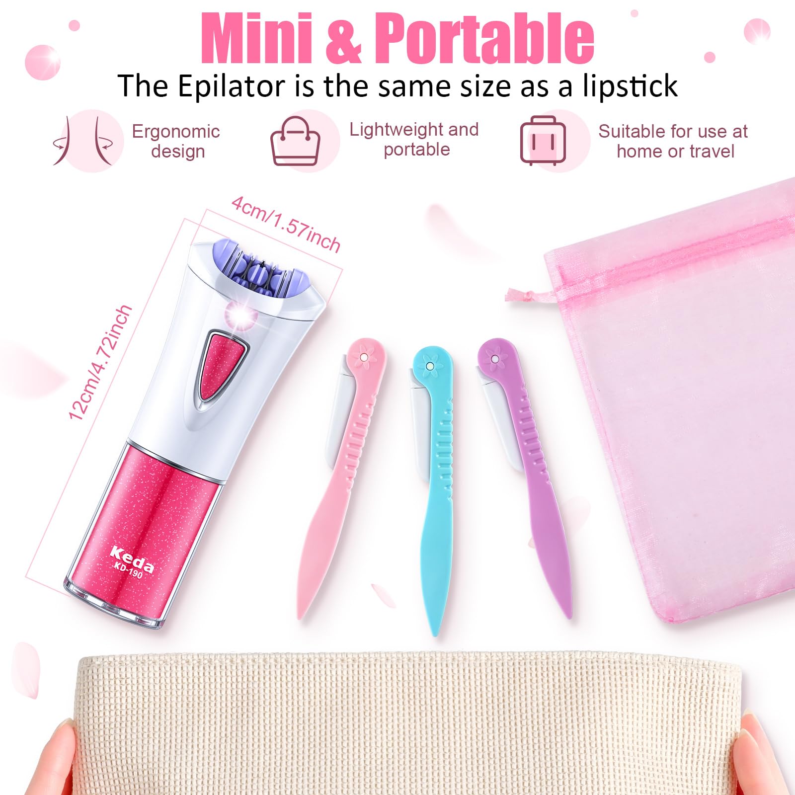 Tondiamo 4-Piece Cordless Epilator Set for Women - Facial, Bikini & Leg Hair Removal with LED Light & Smooth Glide Technology | Perfect for Travel, Home Use & Gift Giving