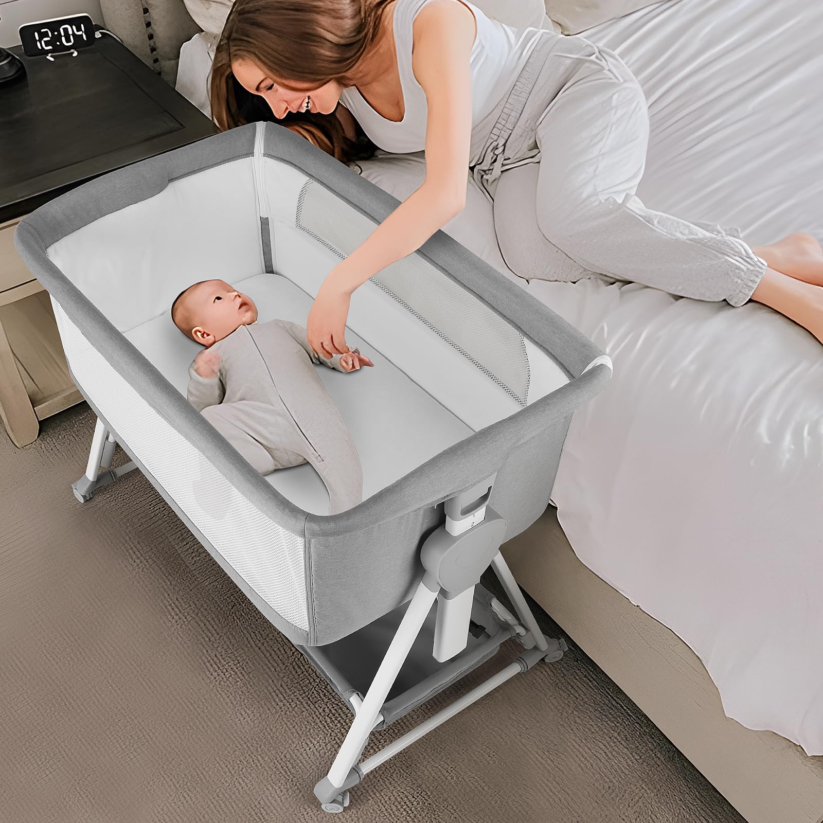 Cowiewie Adjustable Baby Bassinet Bedside Sleeper - 7 Height Levels, Breathable Mesh Sides & Mattress, XL Storage, Foldable Design (Grey/White) - Perfect for Newborns, Nursery Room & Co-Sleeping Safety