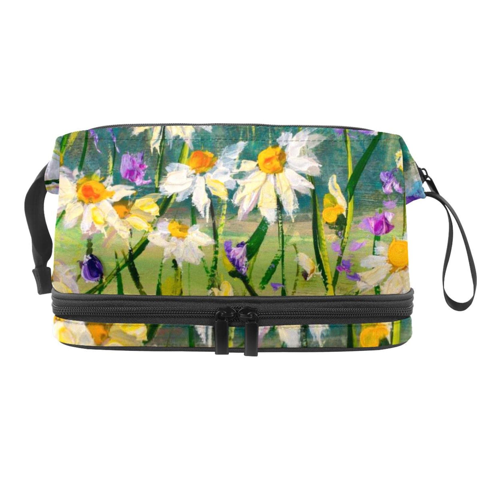 Large Makeup Bag for Women - Travel Cosmetic Organizer with White Daisies Floral Design, Waterproof Toiletry Bag for Vacation, Gym, Work & Daily Essentials Storage