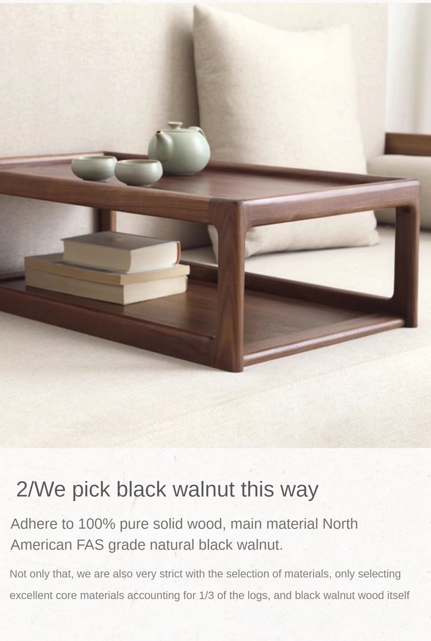 Premium Black Walnut, Ash & Oak Solid Wood Japanese Tatami Tea Table - Traditional Zen Style Low Table for Tea Ceremony, Meditation & Living Room Decor