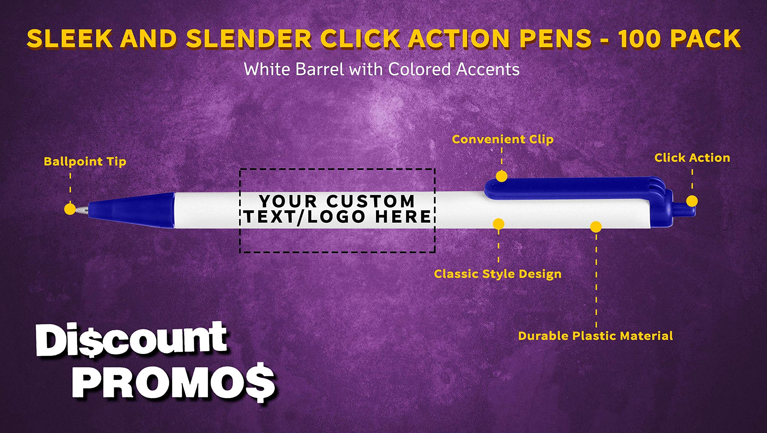 100-Pack Retractable Pens with Custom Text & Logo - Slim Barrel Black Ink Pens for Office, School & Business Promotions - Bulk Promotional Pens for Branding & Giveaways