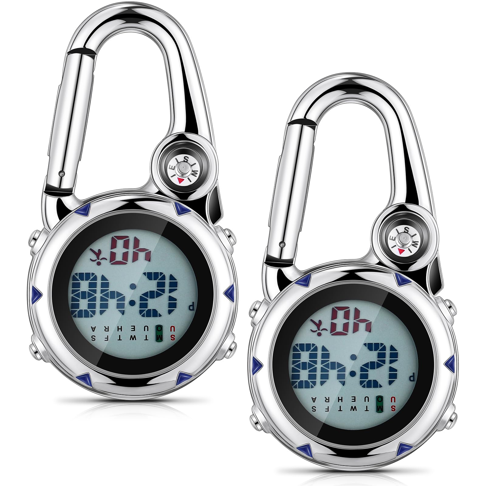 Misdary 2 Pack Digital Clip On Watch with Glow in Dark, Alarm, Date & Week Display - Carabiner Pocket Watch for Men, Women, Nurses - Perfect for Outdoor Sports, Hiking, Climbing & Backpacking Accessories