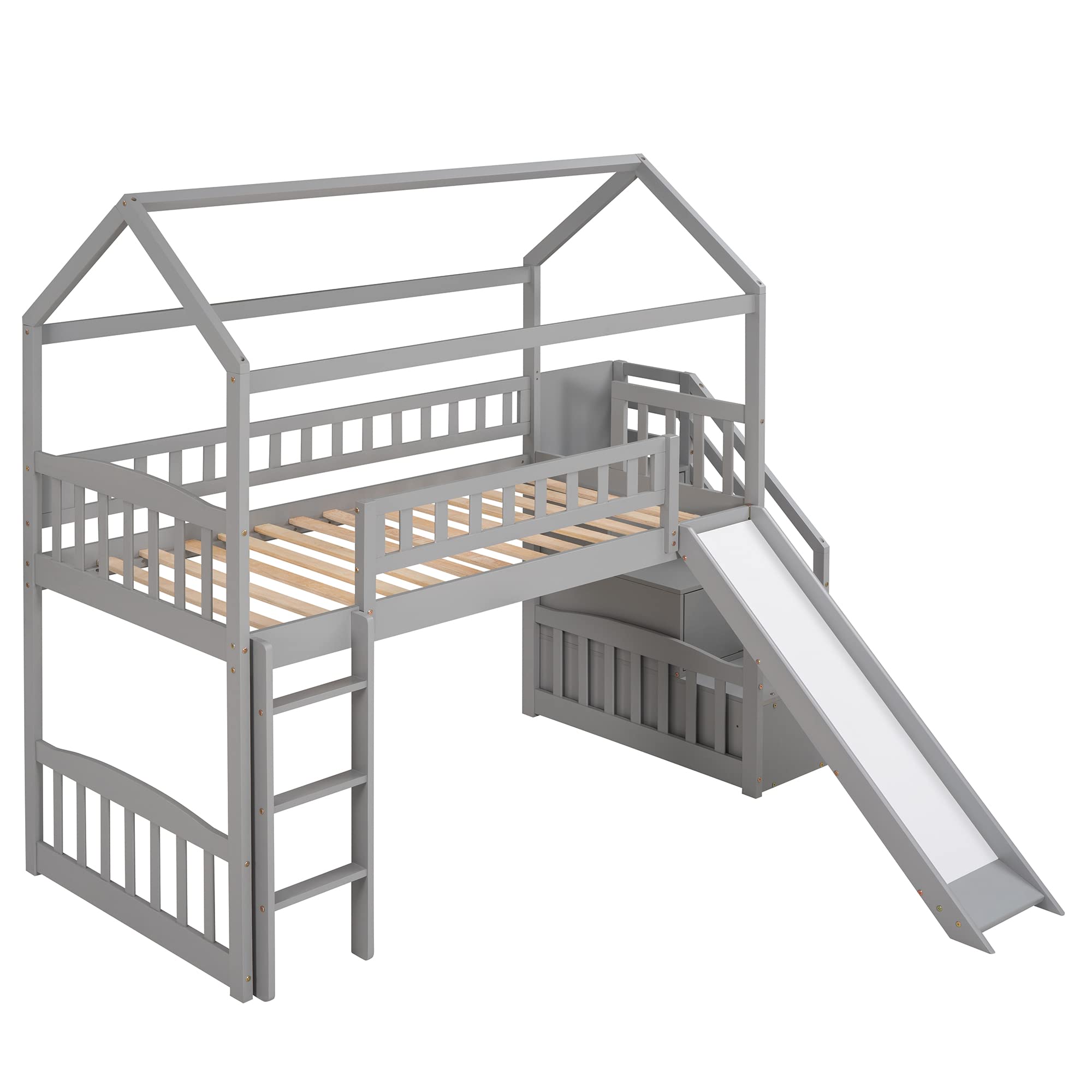 Twin Loft Bed with Slide & Stairs - Wooden House Cabin Bed for Kids & Toddlers with Storage Drawers | Space-Saving Kids Bedroom Furniture for Small Rooms & Play Areas (Grey)