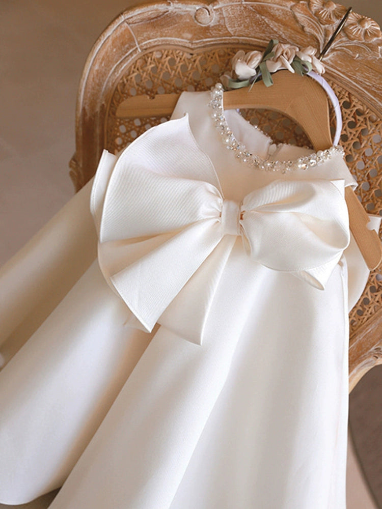 White Princess Round Tea Length Satin Flower Girl Dress for Weddings & Special Occasions