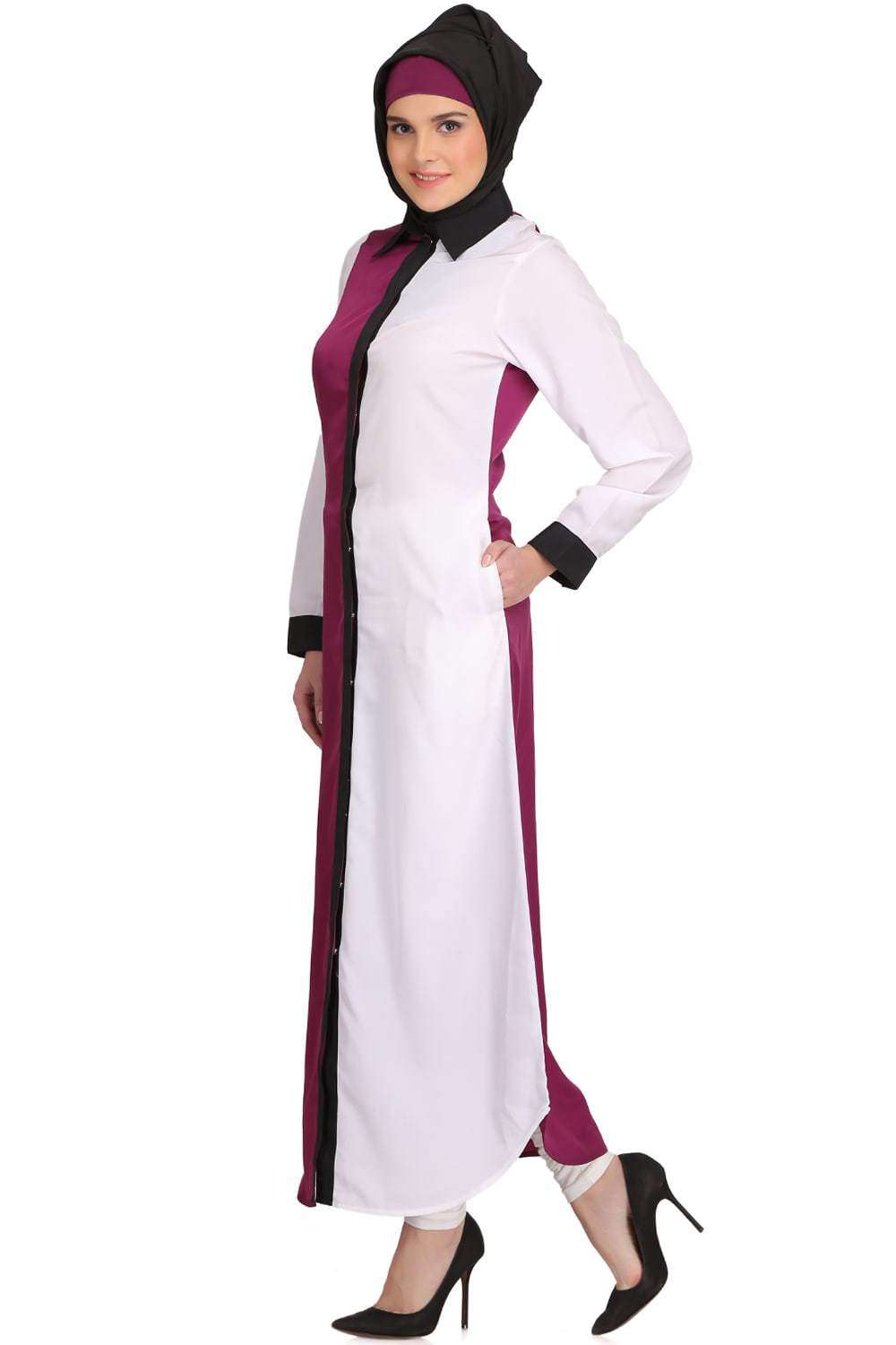 Elegant White & Wine Crepe Short Abaya Dress - Modest Muslim Fashion for Women | Perfect for Eid, Weddings & Special Occasions