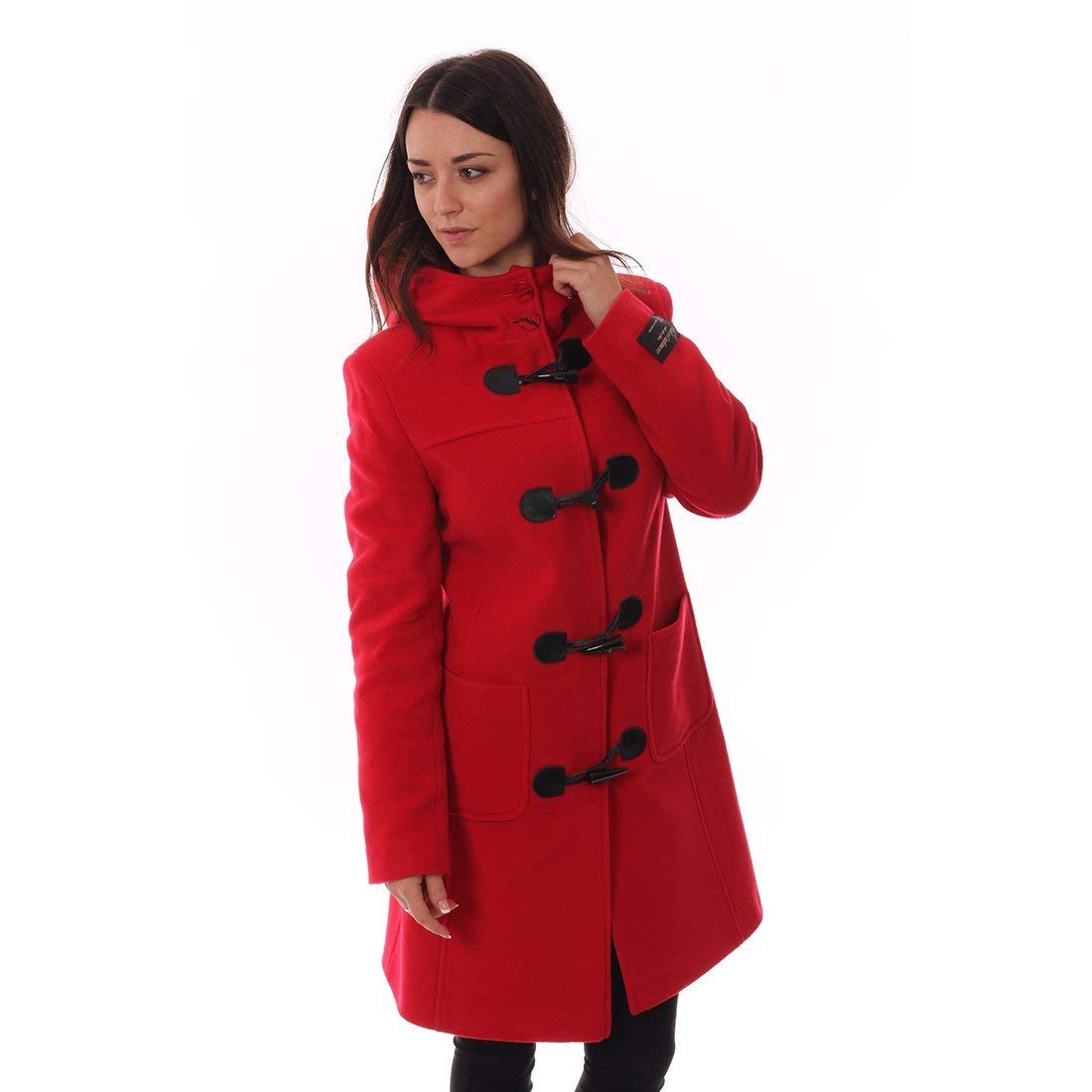 Women's Red Hooded Wool Cashmere Duffle Coat Jacket with Pockets - Warm Winter Outerwear for Casual Outings & Travel