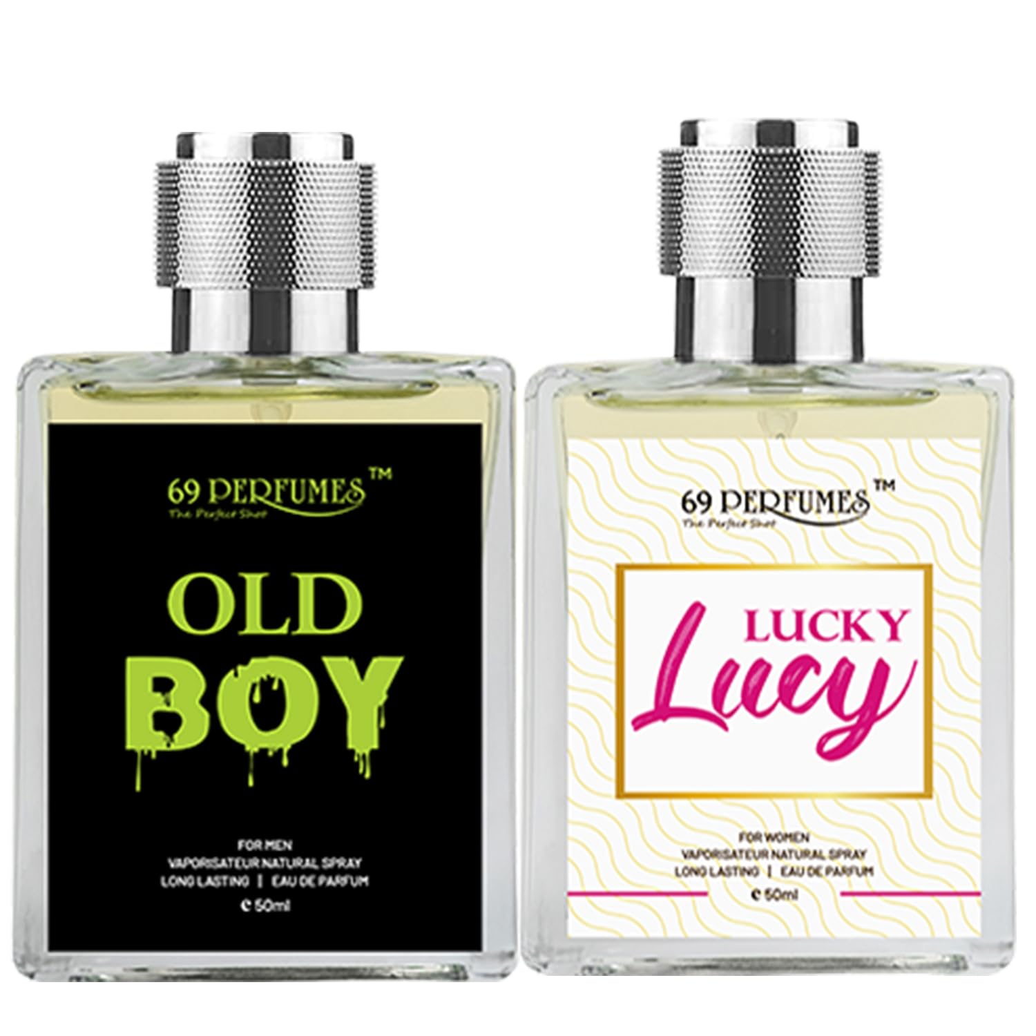 69 PERFUMES Oldboy & Lucky Lucy Combo Set - Bergamot, Woody & Fruity Musky Luxury Cologne for Men & Women | Day & Night Wear, Date Night, Office & Special Occasions