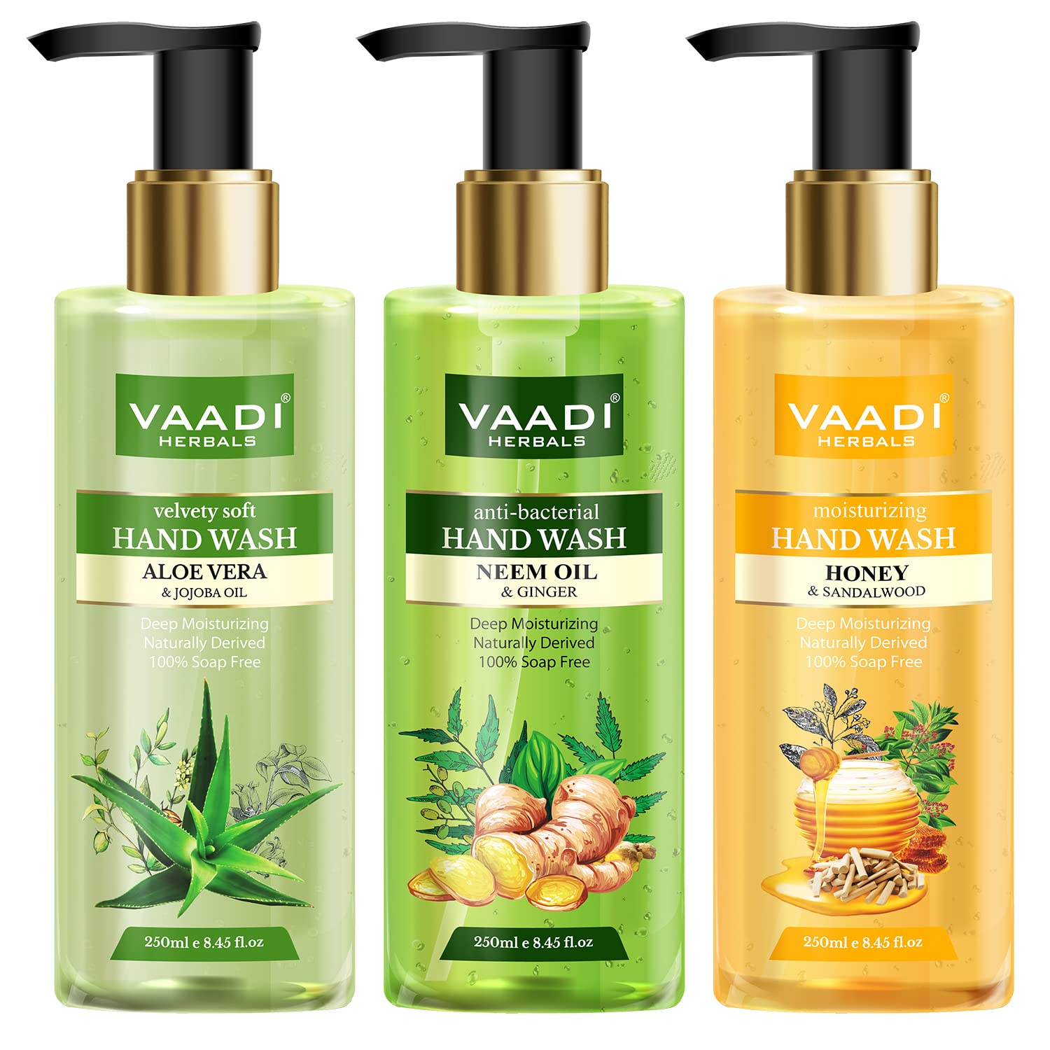 Vaadi Herbals Luxurious Hand Wash - 250ml (Pack of 3) | Aloe Vera, Jojoba Oil, Neem Oil, Ginger, Honey & Sandalwood | Moisturizing & Antibacterial for Dry Skin | Perfect for Home, Office & Travel Use