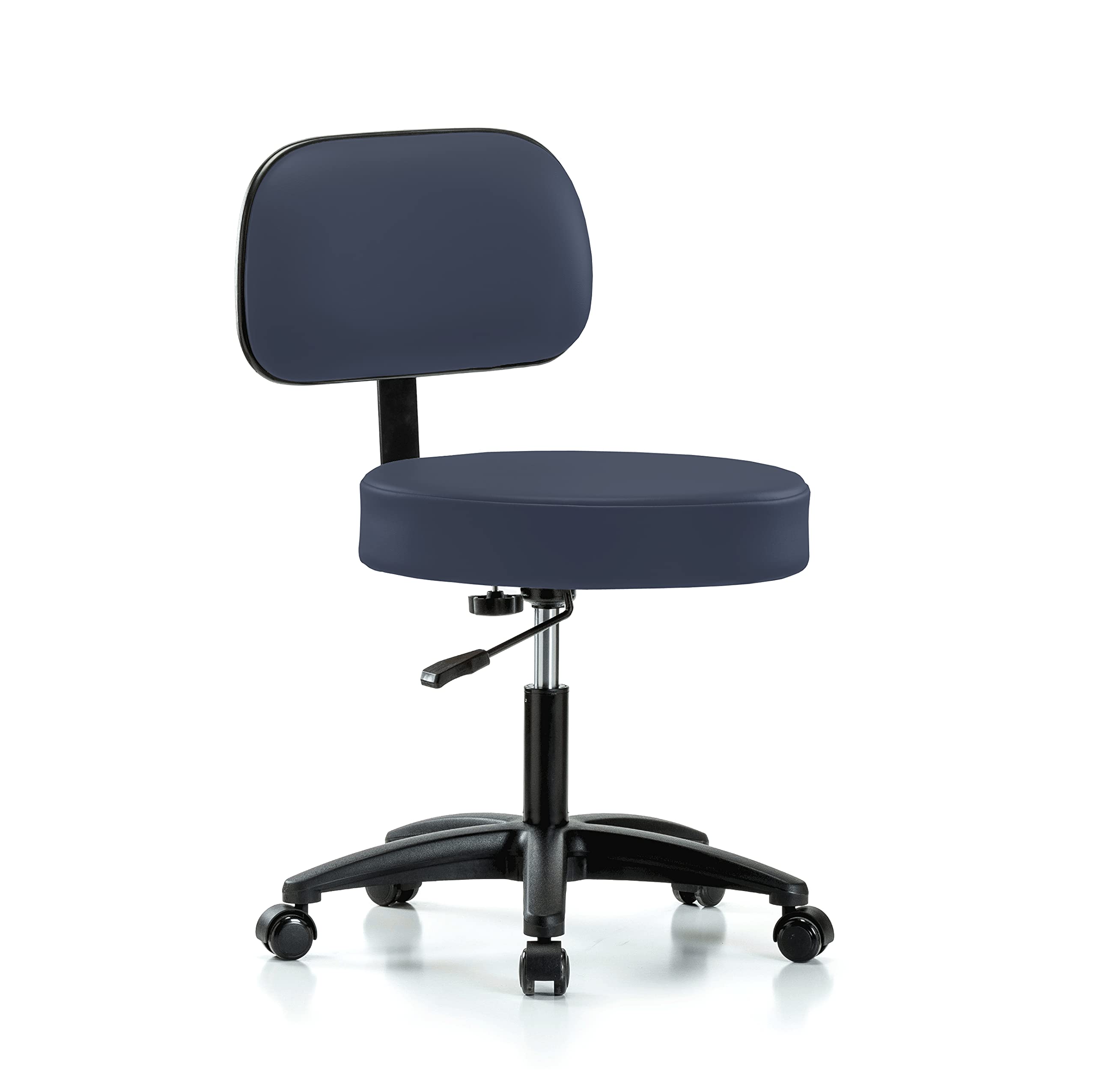 PERCH Walter Rolling Height Adjustable Exam Stool with Back Support for Hardwood or Tile Floors | 300-Pound Weight Capacity | Imperial Blue Vinyl Upholstery | Perfect for Medical Offices, Dental Clinics & Home Workstations