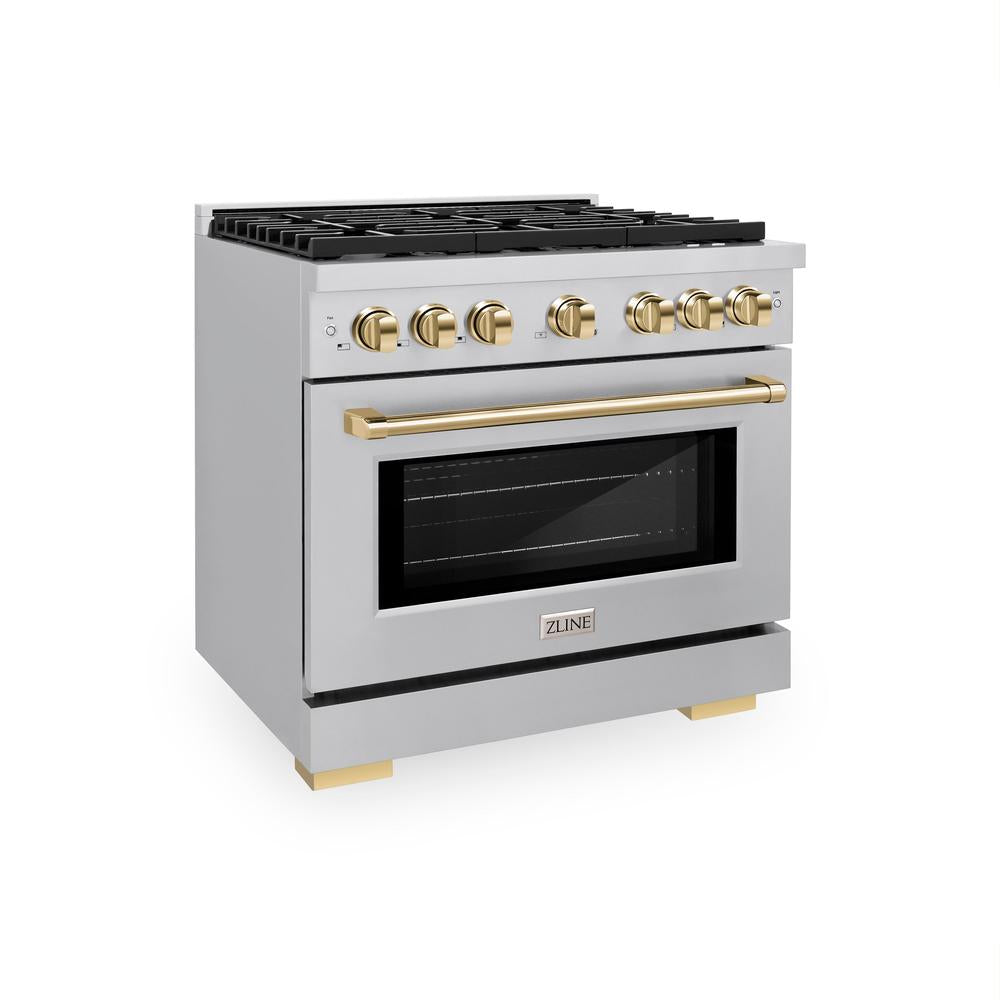 ZLINE Autograph Edition 36-inch 5.2 cu. ft. Dual Fuel Range with 6-Burner Gas Cooktop & Electric Convection Oven - Stainless Steel with Polished Gold Accents (SDRZ 36 G) - Perfect for Professional Home Chefs & Modern Kitchens