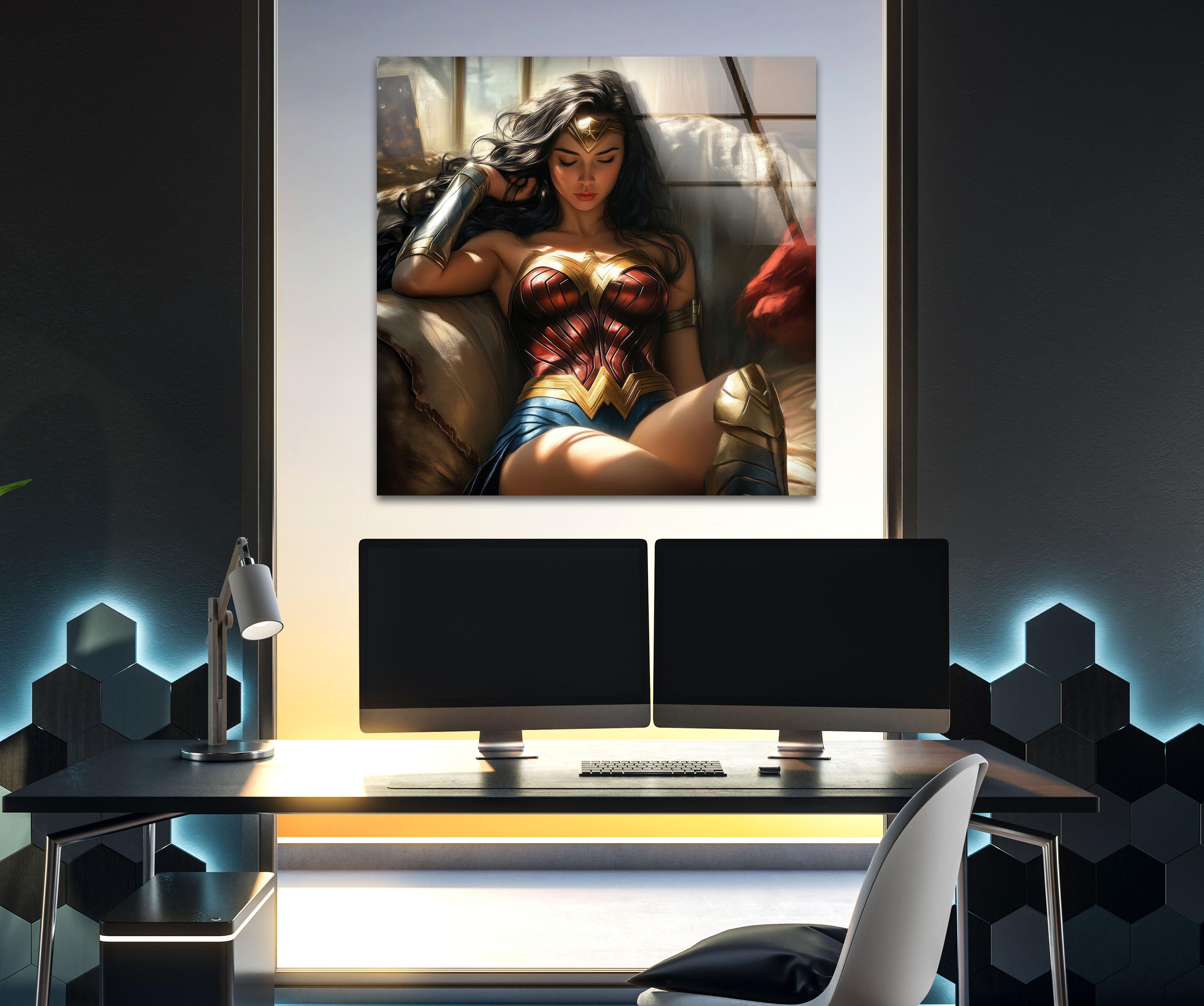 Wonder Woman Glass Wall Art - Superhero Home Decor for Living Room, Bedroom & Office - Unique DC Comics Gifts for Fans