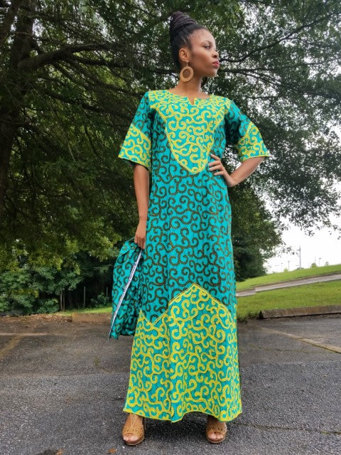 Exclusive Embroidered Green African Print Dress by Dupsie DPX331 - Perfect for Cultural Events, Weddings & Summer Parties